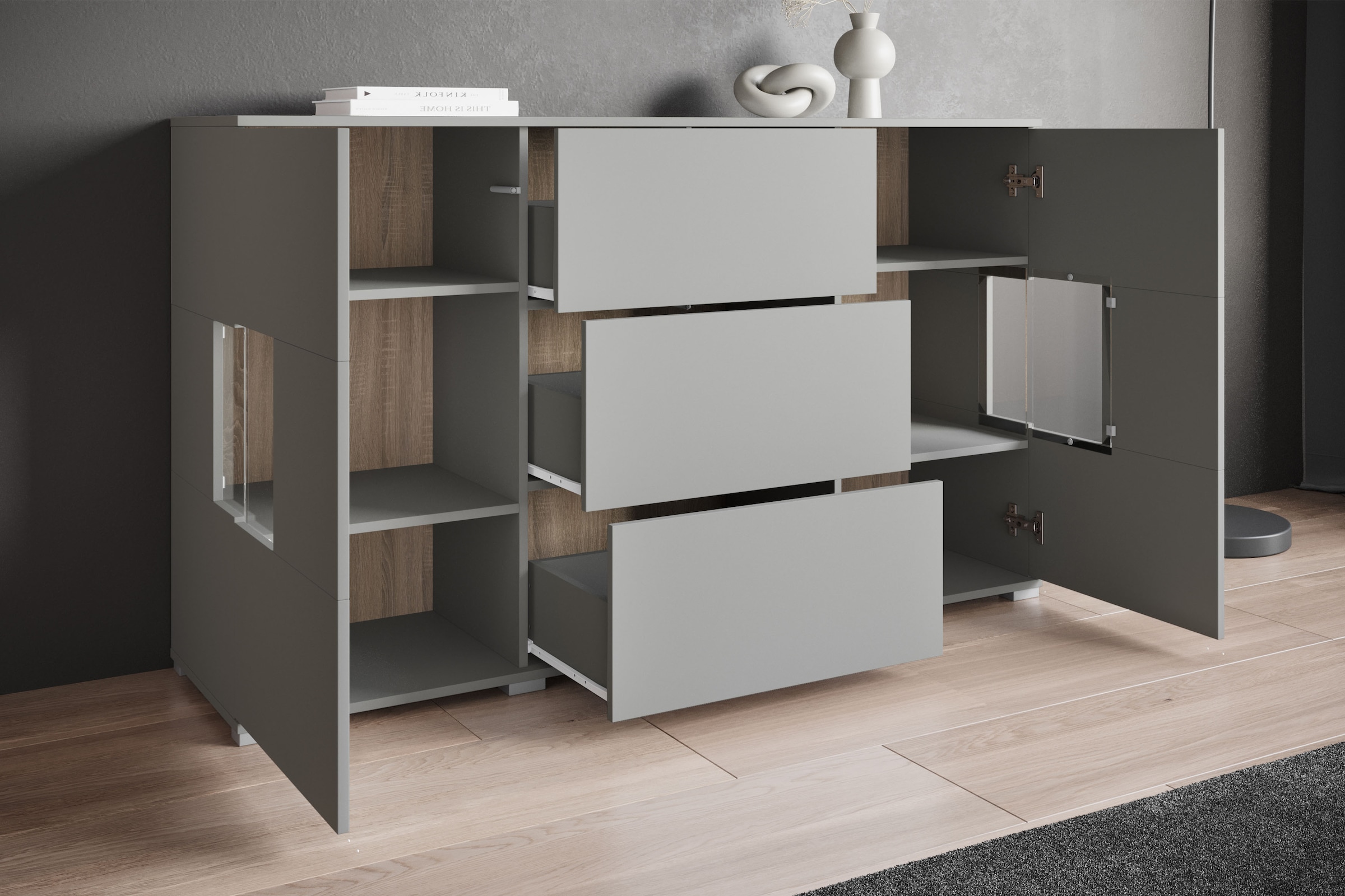 INOSIGN Sideboard »Kenia«, (1 St.), Sideboard mit 3 Schubladen, 6 Fächern, Glastüren, Breite 150 cm