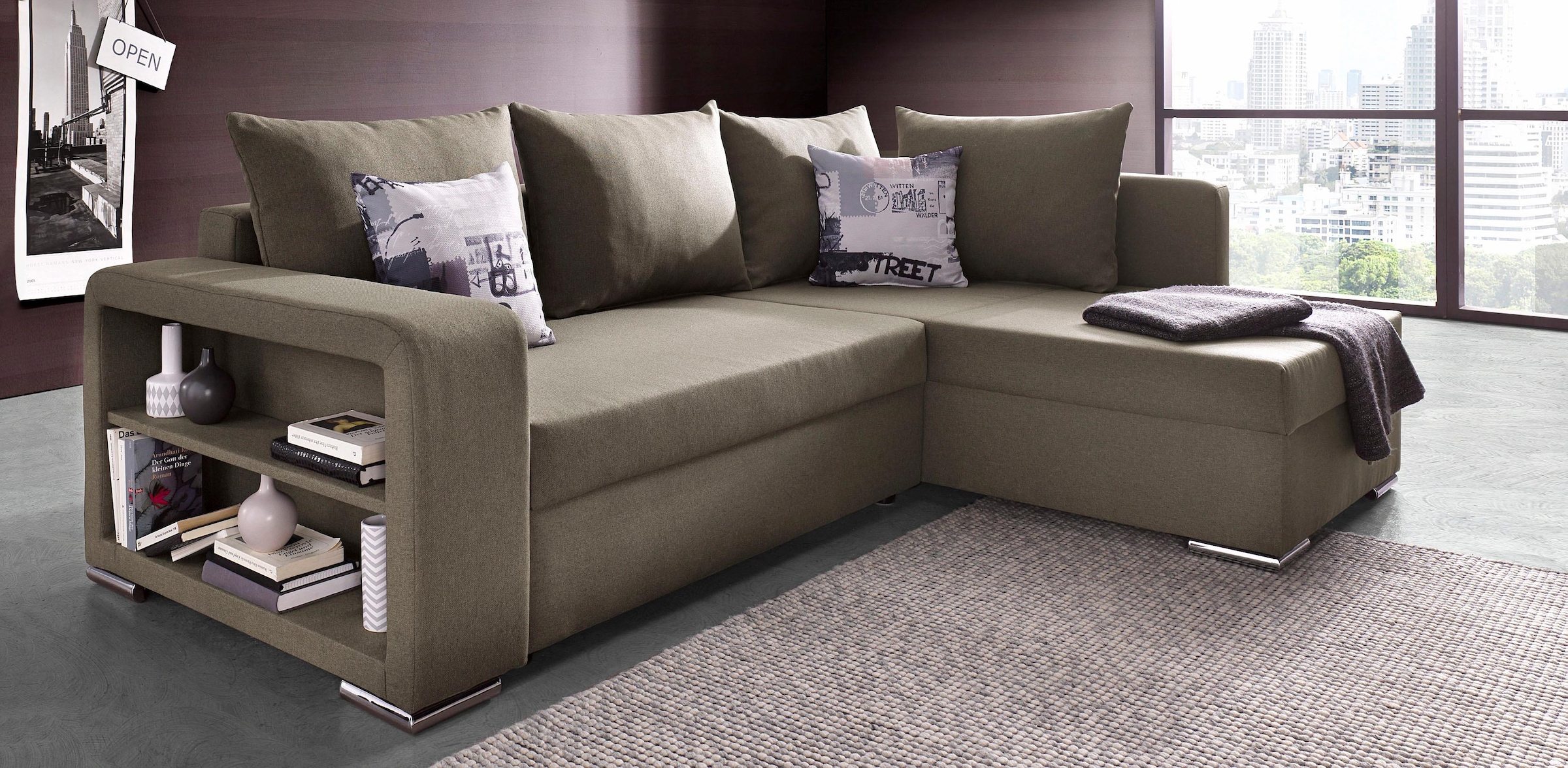 COLLECTION AB "John L-Form, B: 226 cm, Schlaffunktion & Bettkasten" Regalelement & 2 Zierkissen, Couch optional mit Federkern