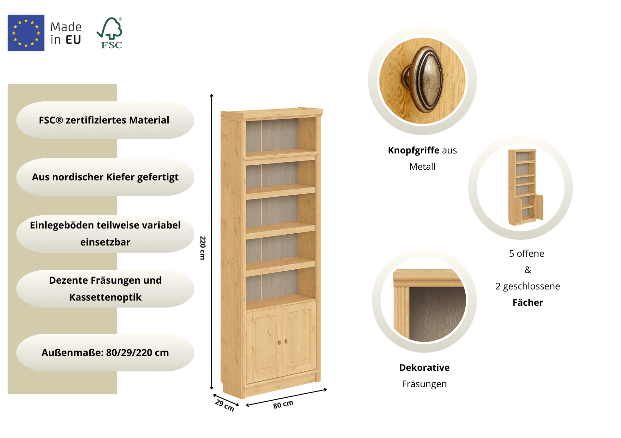 OTTO home Bücherregal »Soeren« aus massiver Kiefer, Höhe 220 cm, mit 2 Holztüren, viel Stauraum