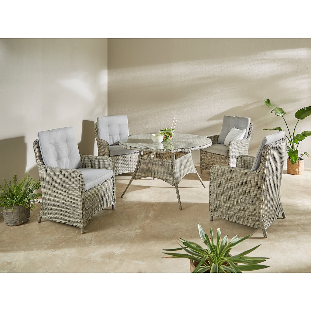 KONIFERA Garten-Essgruppe »Venedig«, (Set, 5 tlg., 4x Sessel, 1x Tisch Ø120 cm, inkl. Auflagen, Aluminium, Polyrattan)