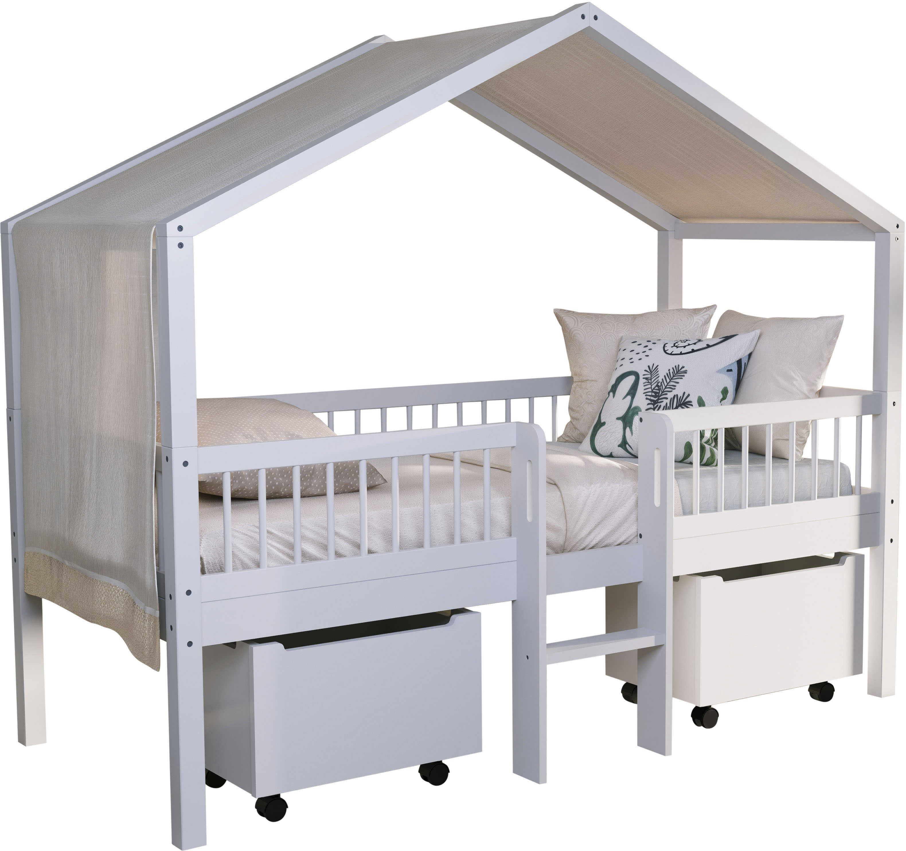 Vipack Hausbett "Inkl. Dachaufbau, Leiter und Rolllattenrost, Made in Europe" wahlweise mit und ohne dekorativem Textilhimmel erhältlich, hochwertig und stabil bebaut, Buche massiv weiß lackiert