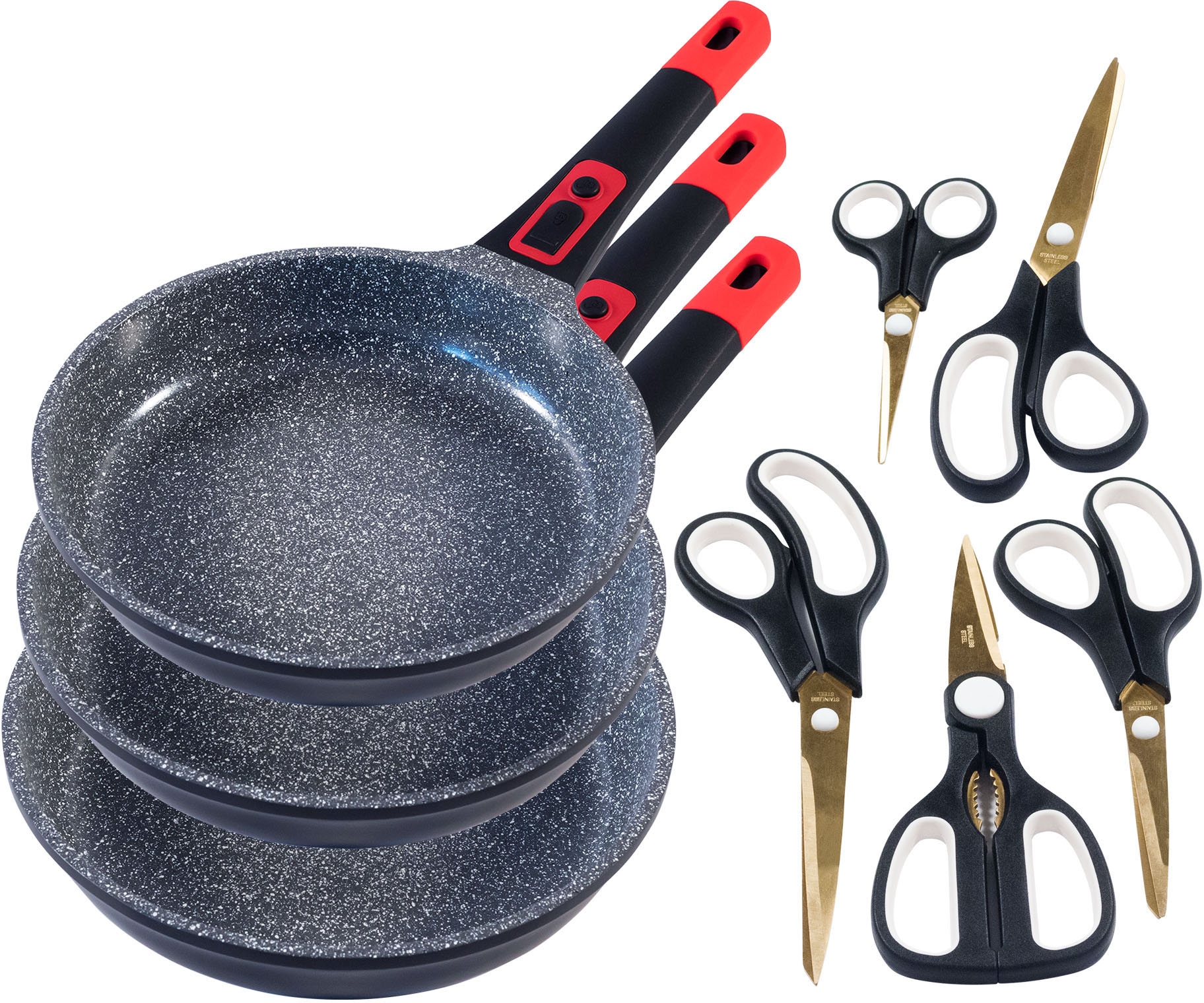 3 5 tlg., Pfannen, KING | Aluminiumguss, Pfannen-Set »CLICK-GRIP«, kaufen Scheren), (Set, BAUR TI« Griff,Induktion,Keramikbeschichtung»Fusion Ø28/24/20cm,abnehmbarer 8