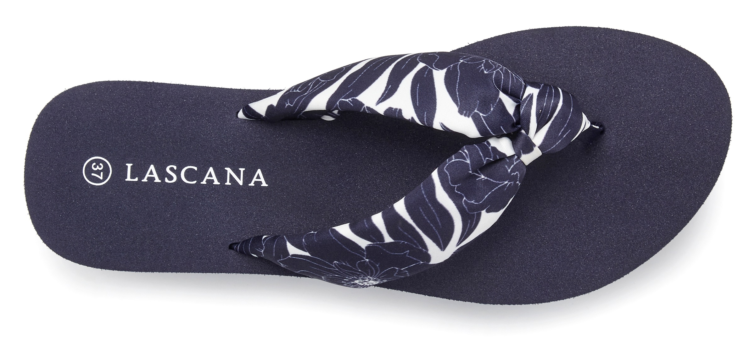 Badezehentrenner LASCANA "Sandale, Badeschuh, Pantolette, Badelatsche, Flip Flop", Damen, Gr. 35, dunkelblau, Obermaterial: 100% Textilmaterial. Decksohle: 100% Synthetik. Laufsohle: 100% Synthetik, geblümt, Schuhe, Zehentrenner ultraleicht mit softem Ban 2