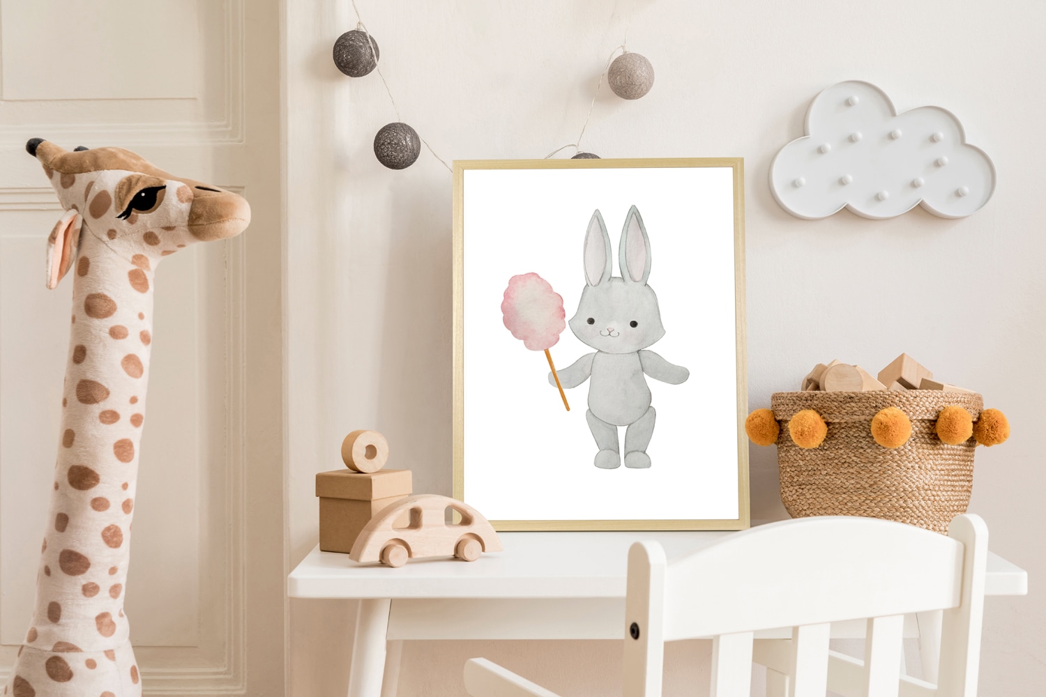 queence Bild mit Rahmen "Hase mit Zuckerwatte" Fantasy Haustiere Süßigkeiten Tiere 1 Stk. tlg. HD Premium Posterdruck mit Echtholzrahmen