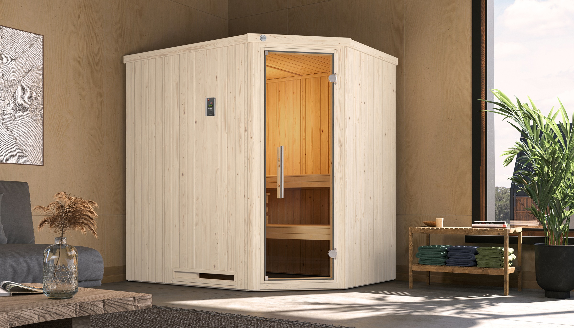 weka Sauna "Element-Ecksauna VARBERG 1" vorgefertigte Elemente, moderne Ganzglastür