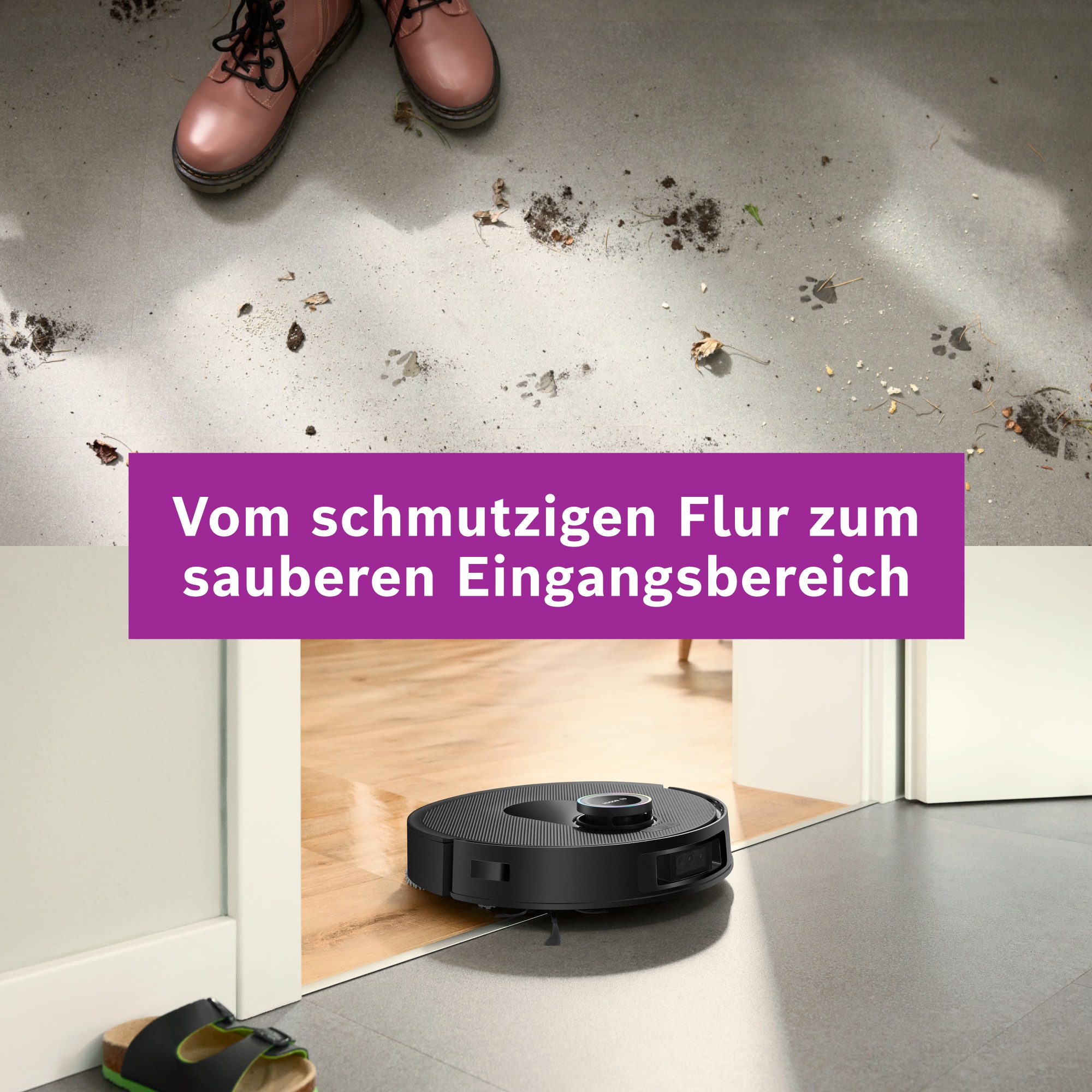 BOSCH Saugroboter »Spotless Max Cam BCRDW3BX, rotierende Wischpads, 70°C Selbstreinigung«, Datensicherheit, 11.000 Pa Saugkraft, Absaugstation, Kamera