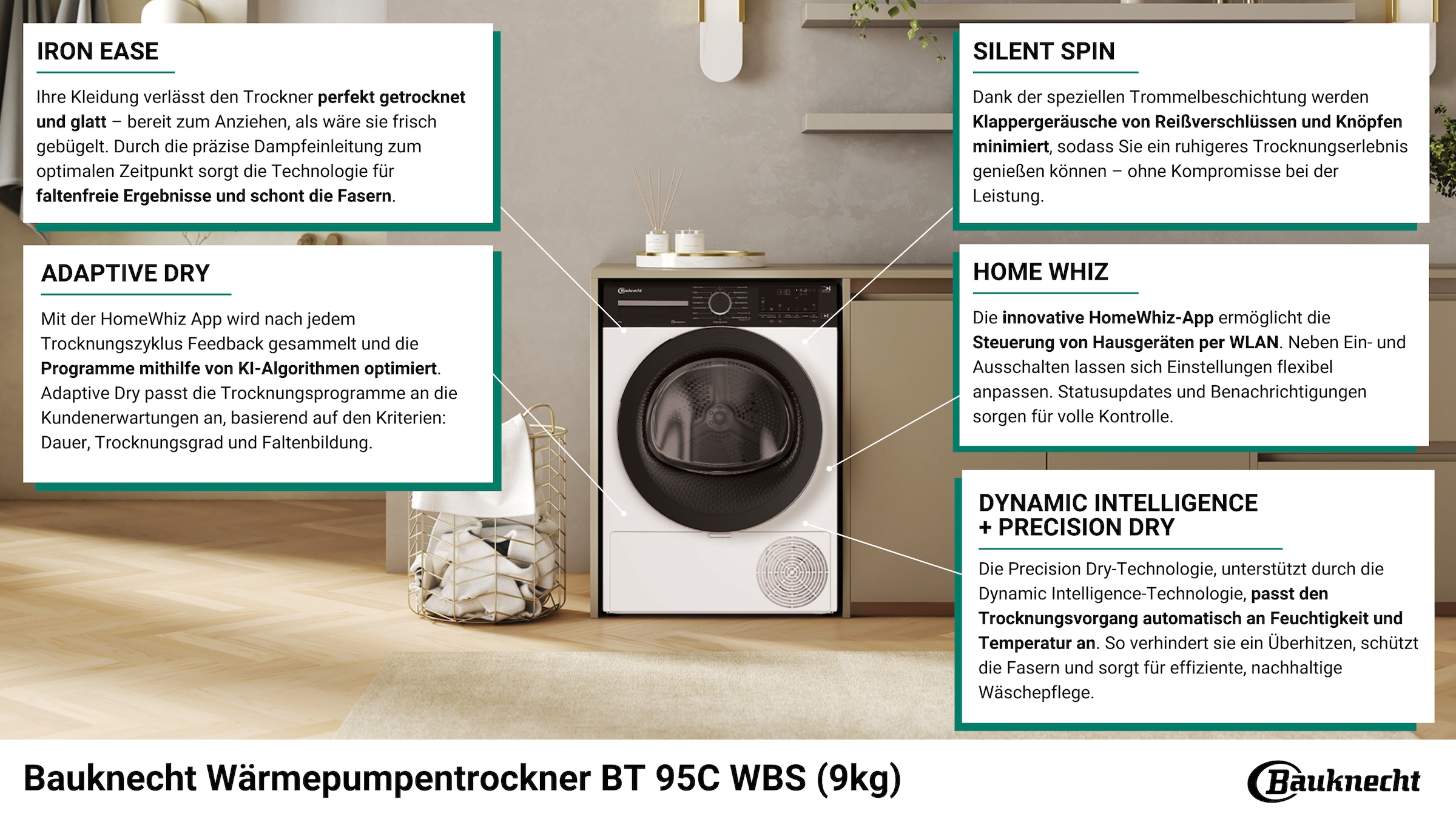 BAUKNECHT Wärmepumpentrockner »BT 95C WBS«, 9 kg, IronEase - Bügelfrei auf Knopfdruck, Silent Spin - leises Trocknen