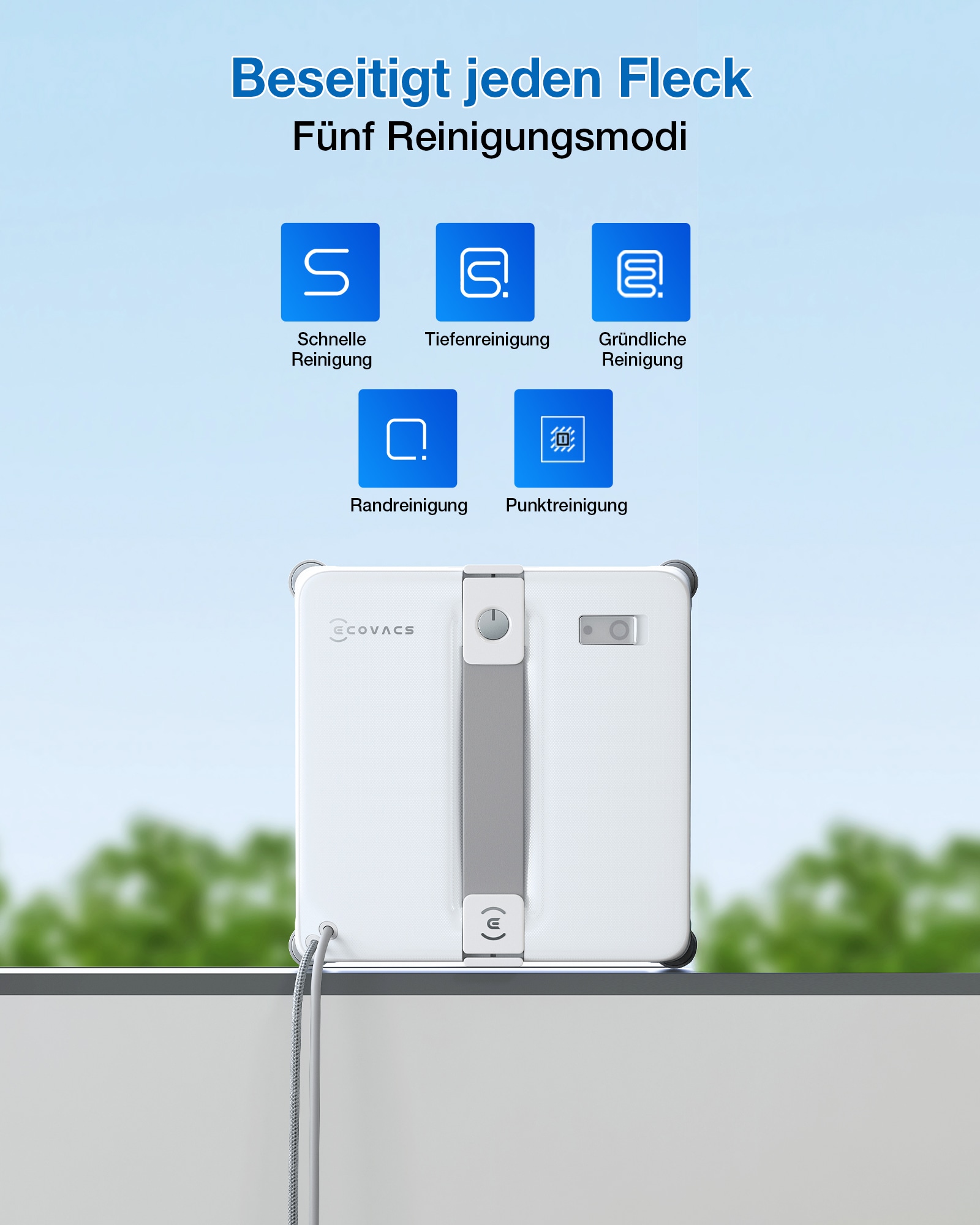 ECOVACS Fensterputzroboter »WINBOT Mini 2, inkl. Reinungslösung 230ml« 50ml Wassertank, Bürsten an allen Ecken, 3,5m Kabel
