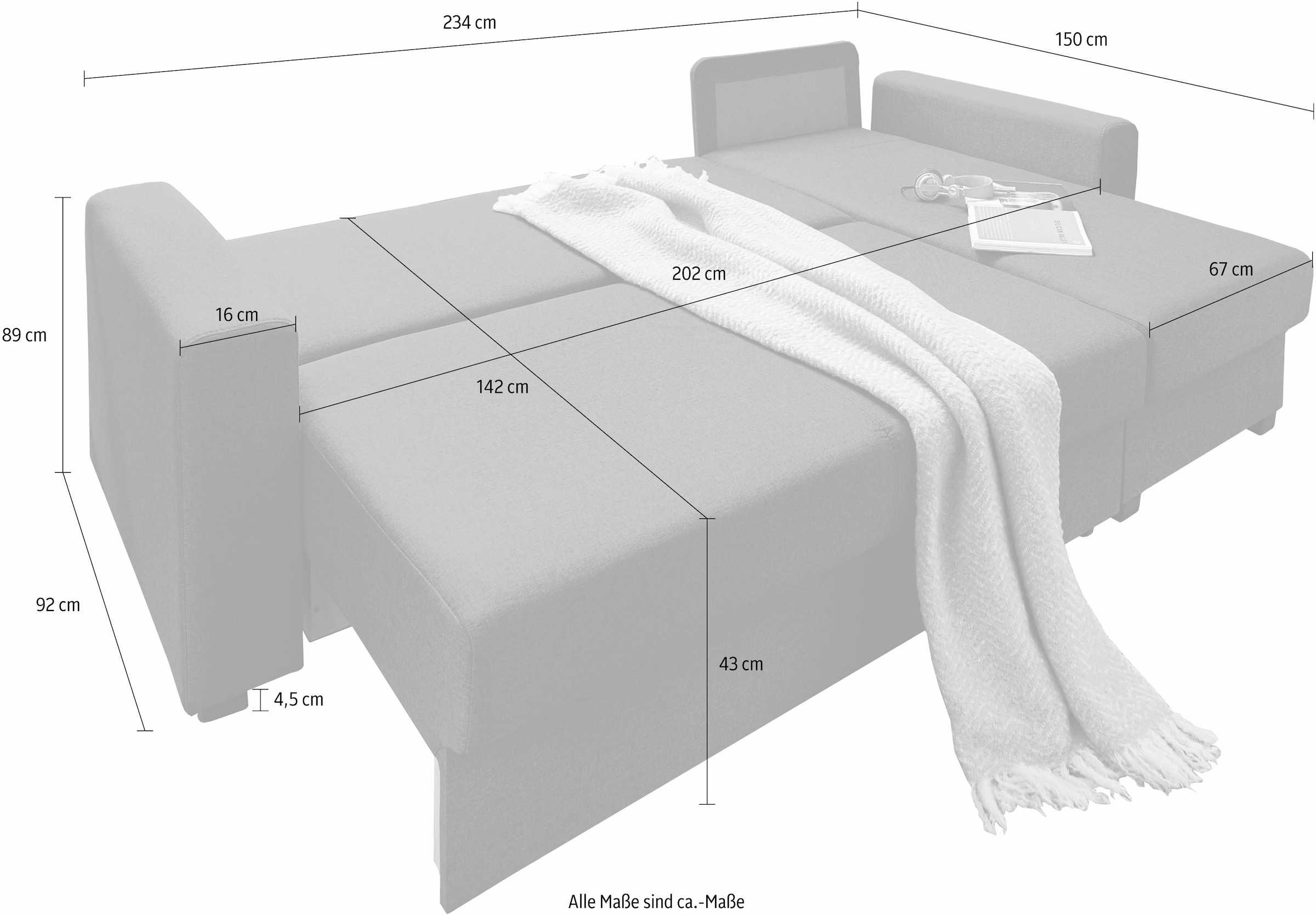 ATLANTIC home collection Ecksofa »Dublin L-Form«, Bettfunktion und Bettkasten, Recamiere links oder rechts montierbar