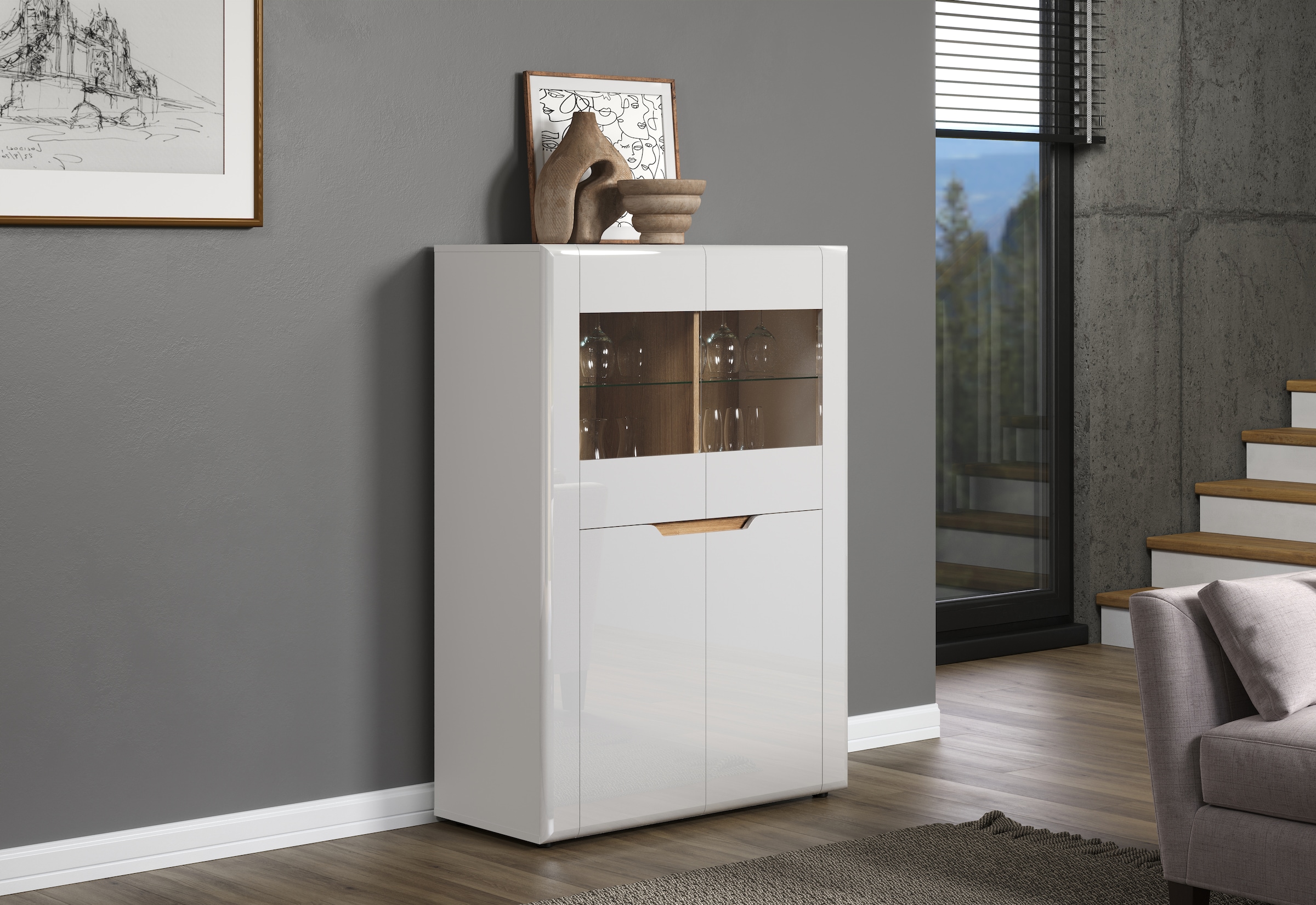 INOSIGN Vitrine »Graz Highboard mit Glastüren«, (Packung, 1 St.), Grifflos, Breite 96 cm, Höhe 132 cm