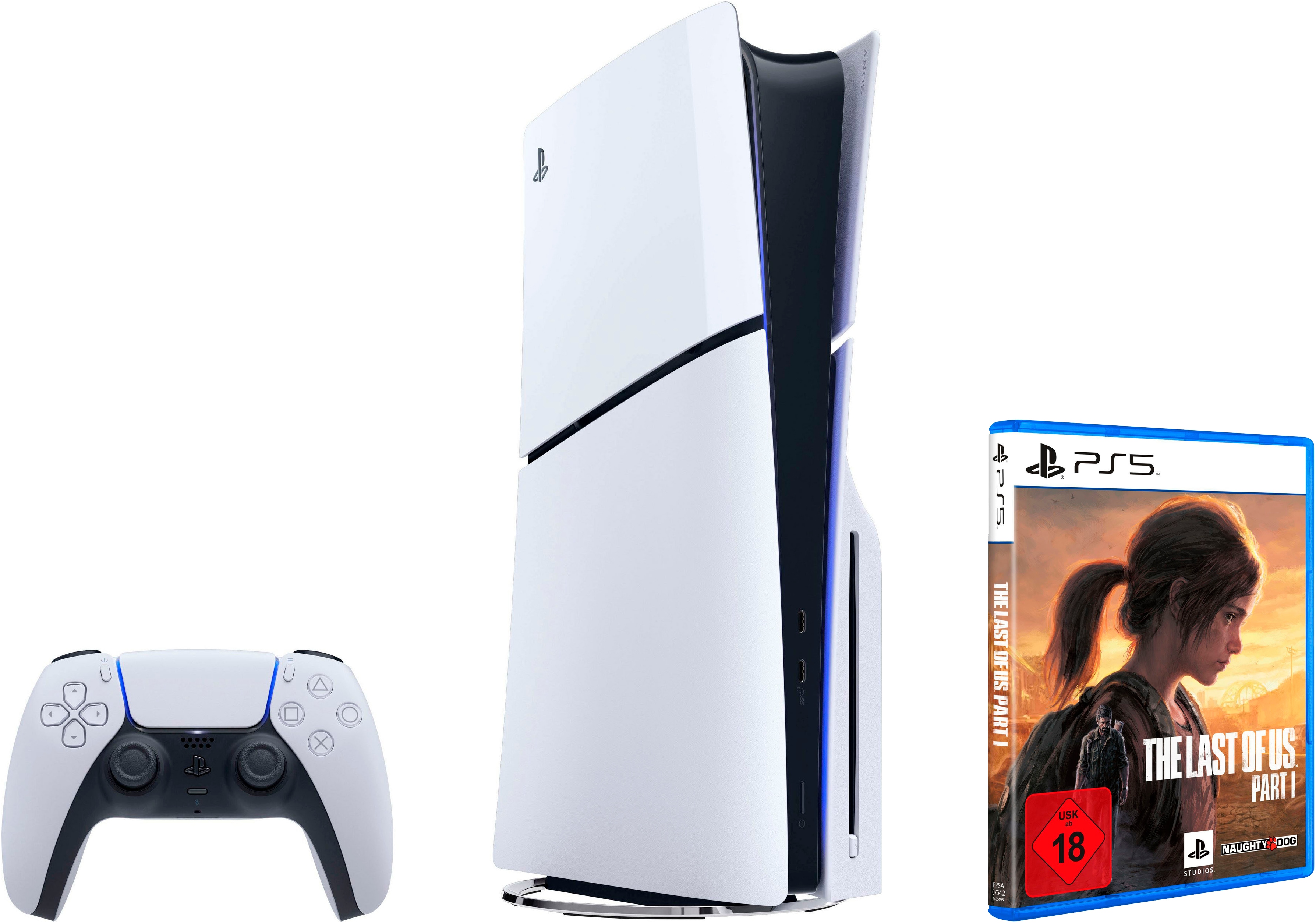 PLAYSTATION 5 Konsolen-Set "PS5 Disk Edition (Slim) + The Last of Us Part I", B:35,8cm H:9,6cm T:21,6cm, schwarz-weiß, Spielekonsolen