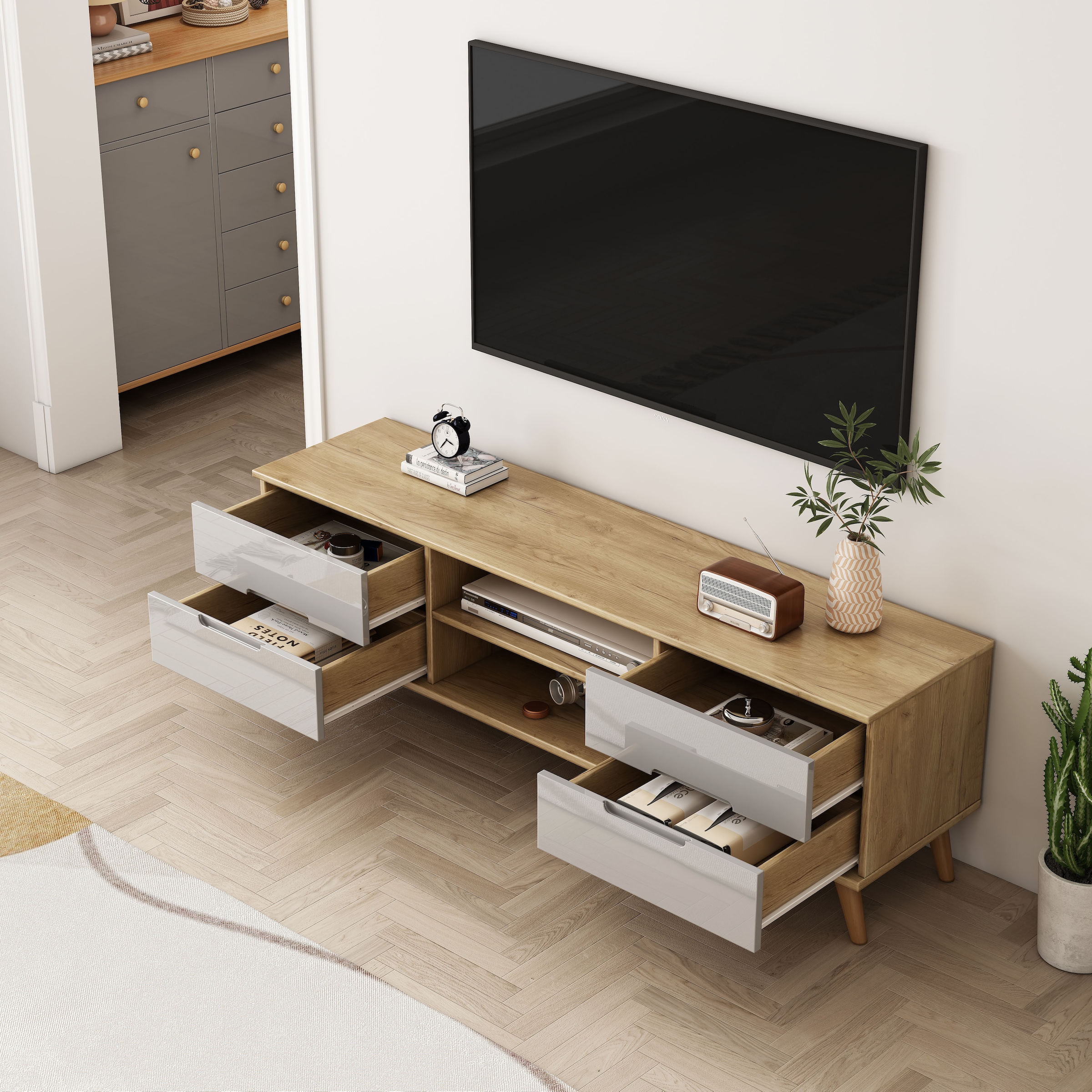 OTTO home TV-Board »Lund« glänzende Fronten, Kabeldurchführung, helles Holzdekor, Breite 160 cm