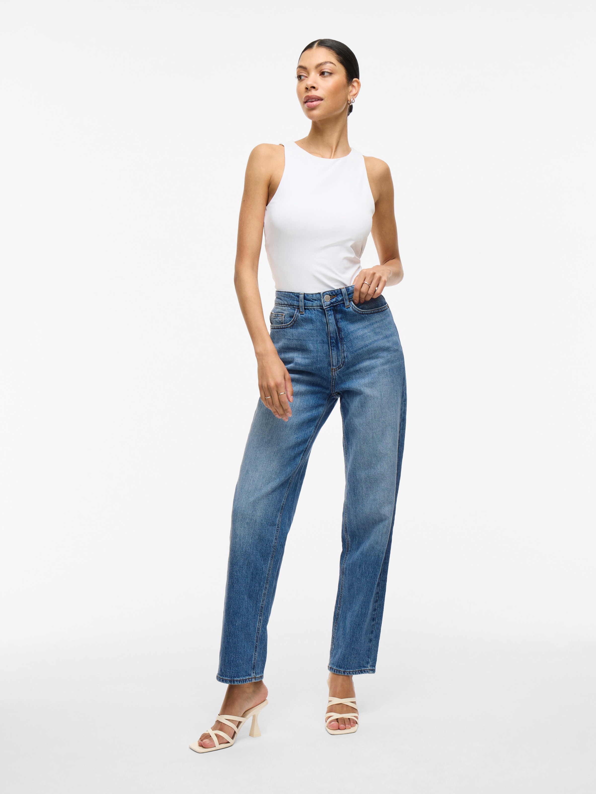 High-waist-Jeans VILA "VIKELLY JAF HW STRAIGHT JEANS-NOOS", Damen, Gr. 36, Länge 32, blau (medium blau denim), Denim/Jeans, Obermaterial: 99% Baumwolle, 1% Elasthan, unifarben, straight fit knöchellang, Jeans High-Waist-Jeans, Baumwollmischung 4