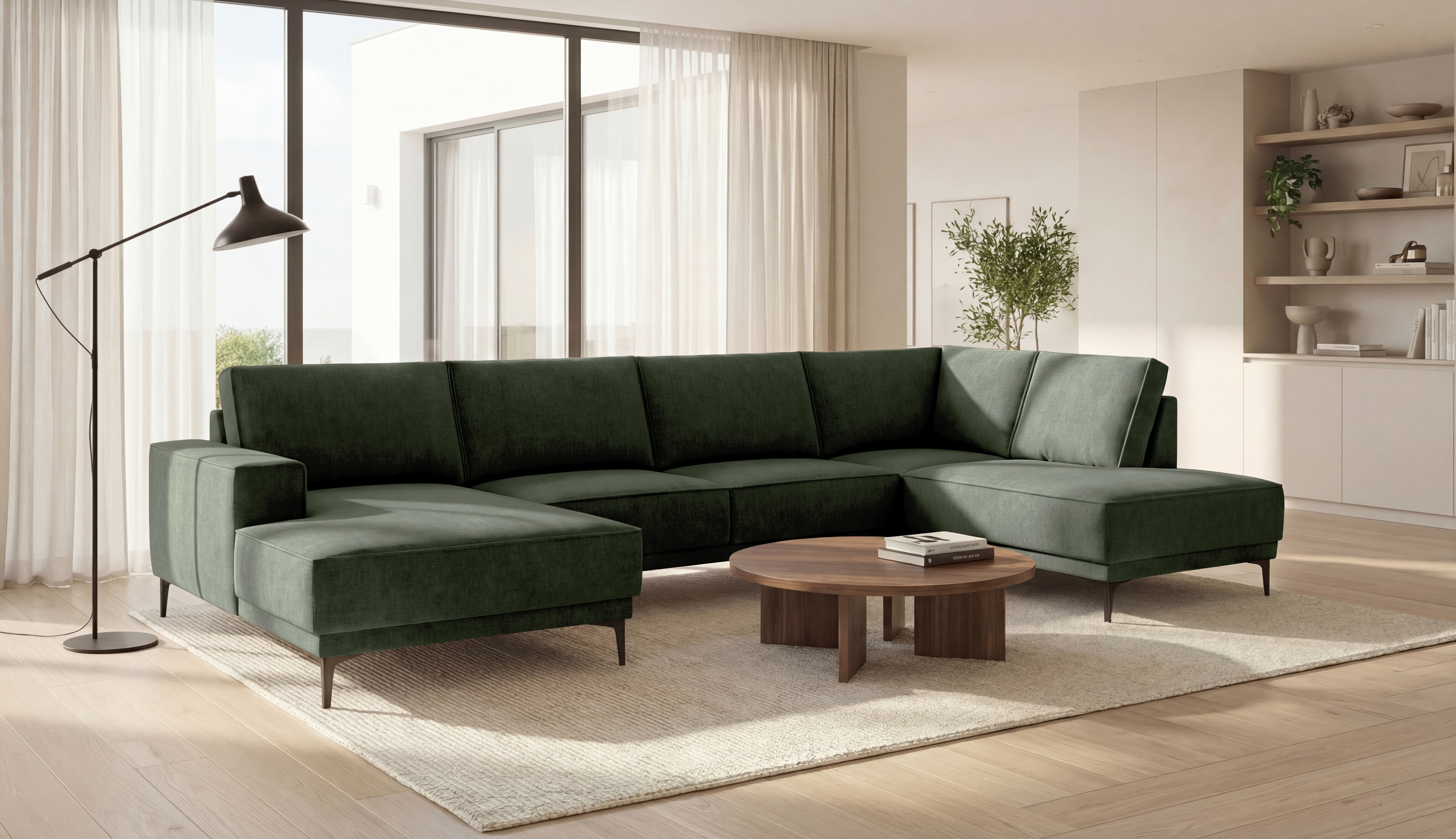 OTTO home Wohnlandschaft "OLAND Bouclé U-Form, XXL, B: 345 cm, Skandi-Design" U-Form, 345 cm, Wellenunterfederung, Skandi-Design, Metallfüße