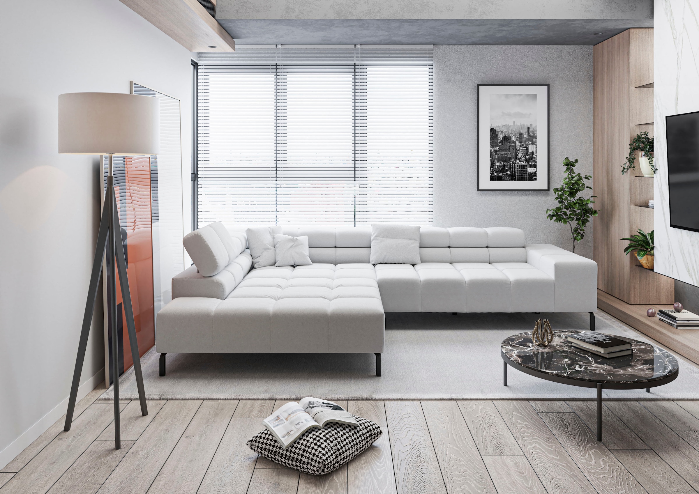 Home affaire Ecksofa "Ancona New, wahlweise motorische Sitztiefenverstellung, auch in Cord" feine Steppung, mit Kopfteilverstellung, 3 Zierkissen, L-Form