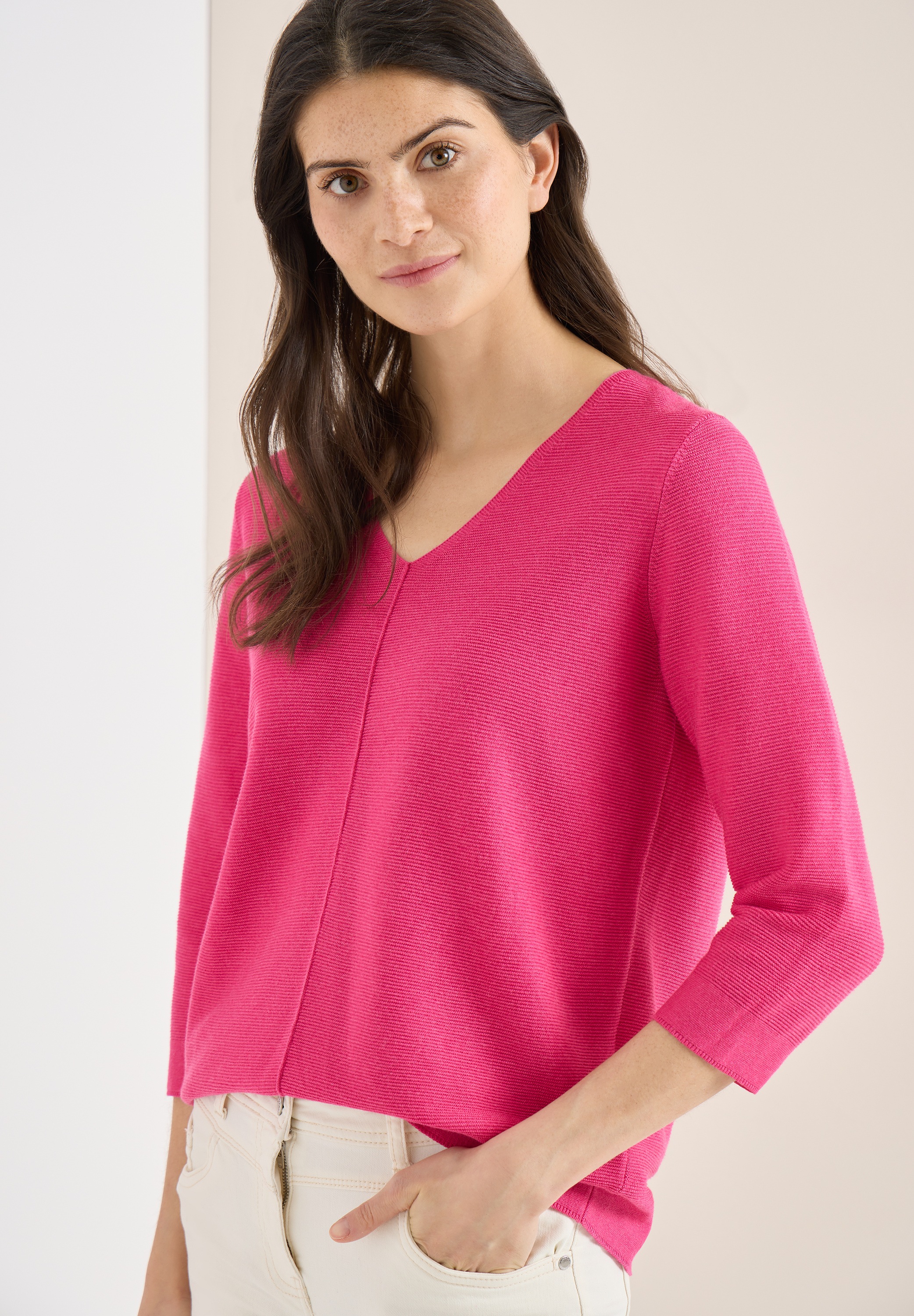 3/4 Arm-Pullover CECIL, Damen, Gr. XL (44), beetroot pink, Web, 60% Baumwolle, 40% Viskose, unifarben, comfort fit normal, V-Ausschnitt, Rippbündchen, Pullover, im soften Baumwoll-Mix 4