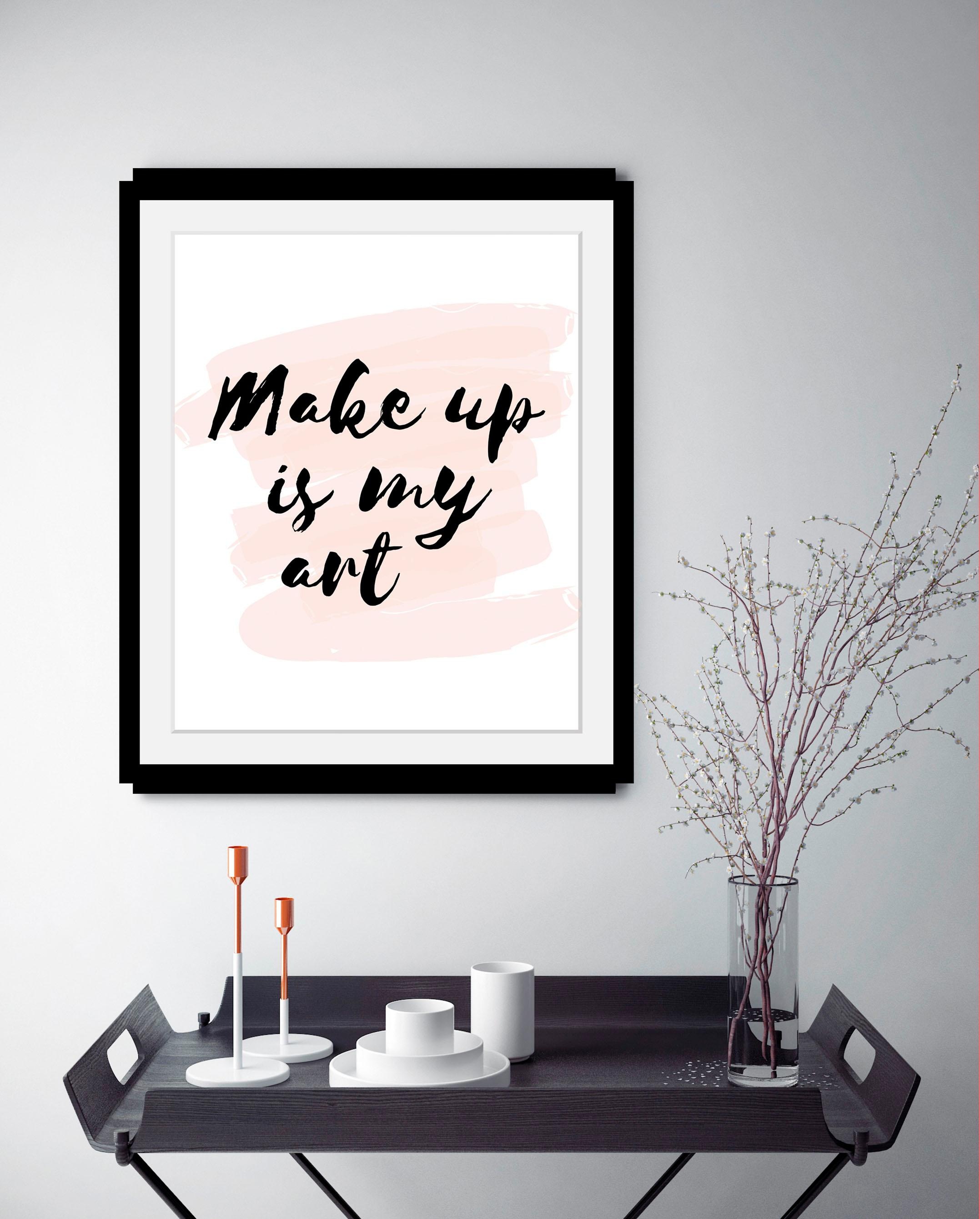 queence Bild »Make up«, Schwarz-Weiß-Schriftzug-Motivationsbilder-Fashion-Frau, HD Premium Poster-Druck inkl. Holzrahmen