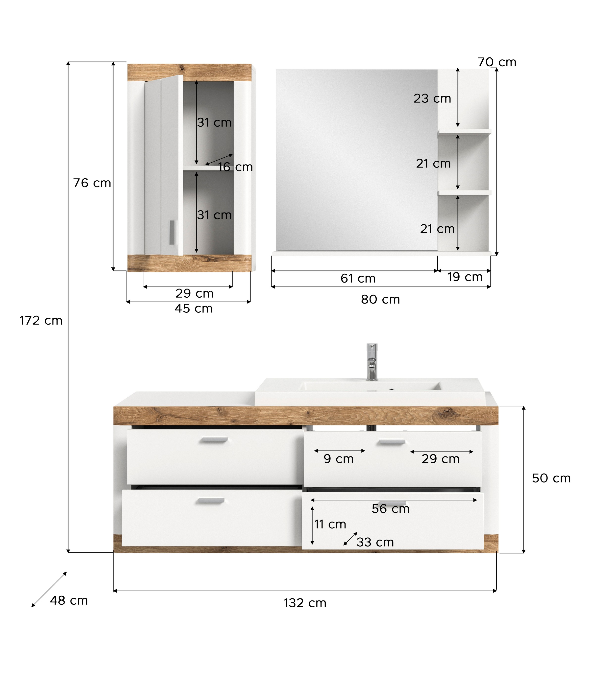 Home affaire Badmöbel-Set »Landsby, 3 teilig, inklusive Mineralguss-Waschbecken, bestehend aus:«, (Set, 3 St.), Waschtisch inkl. Waschbecken, Hängeschrank, Badspiegel
