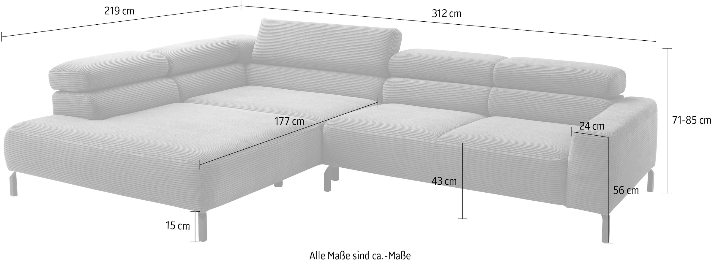 Places of Style Ecksofa »Antonelli, L-Form, inkl. Kopfteilverstellung, Breite 312 cm«, mit elektrischer Sitztiefenverstellung, in Cord, grau