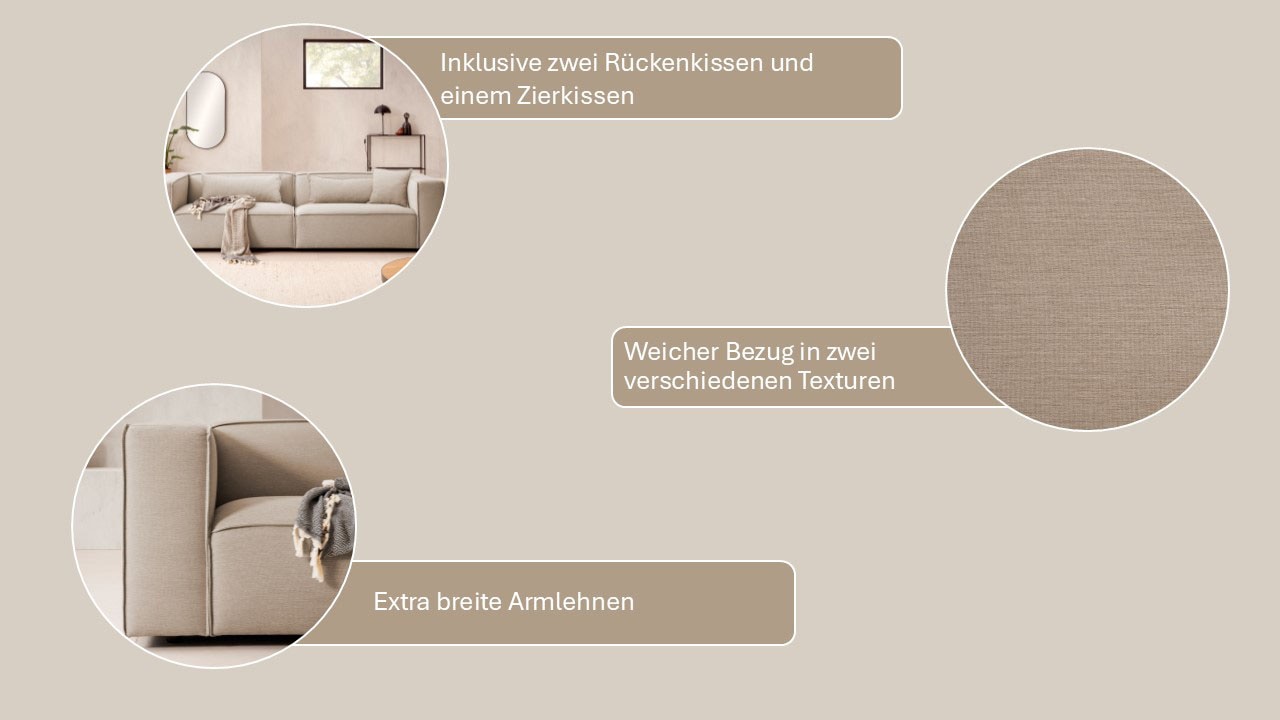 LeGer Home by Lena Gercke 3-Sitzer »PIARA, Couch mit Kedernaht, Sofa in Cord oder Leinenoptik«, schwarze Füße, bequemer Sitzkomfort
