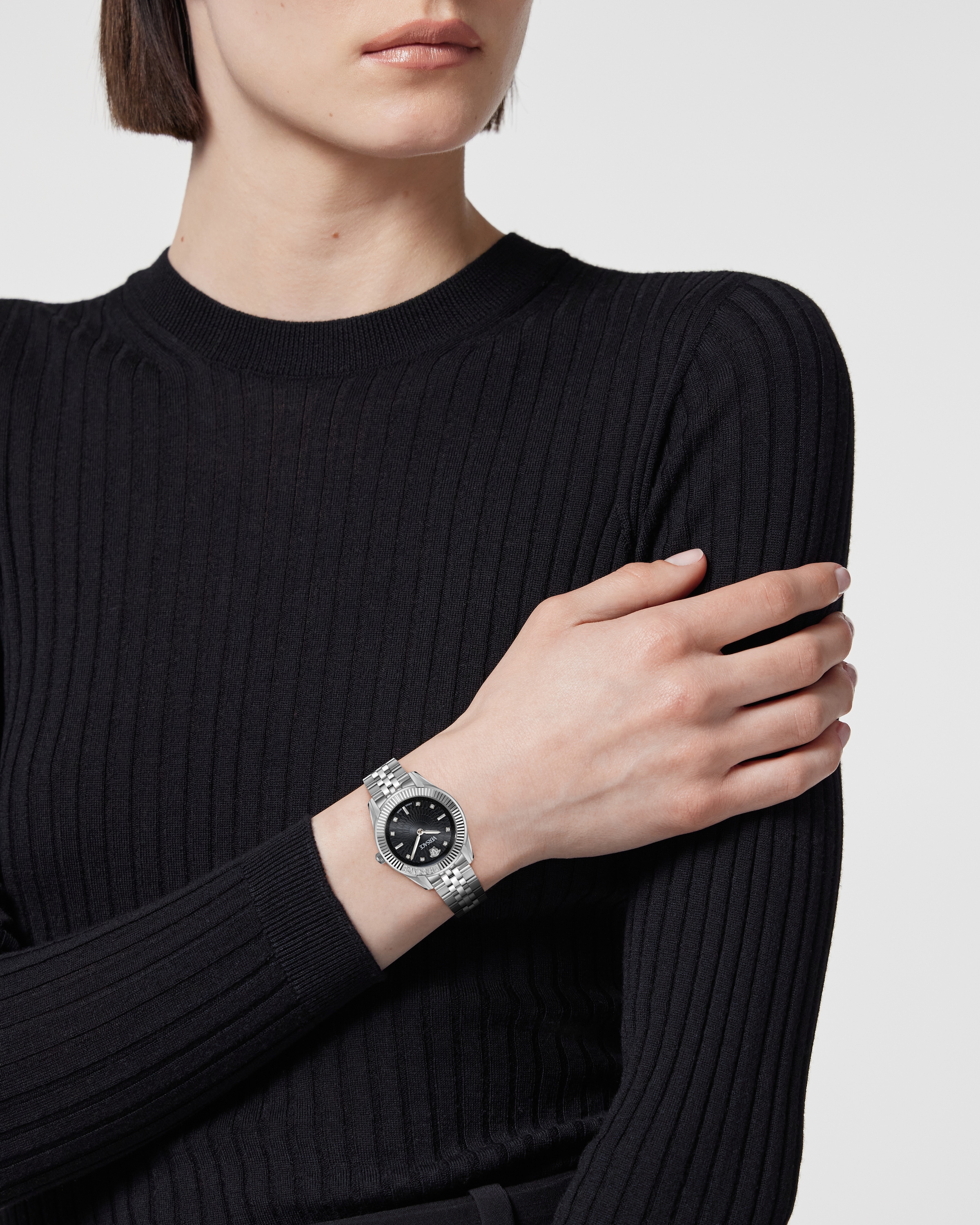 Versace Quarzuhr »GRECA TIME« Armbanduhr, Damenuhr, Swiss Made, Edelstahlarmband, analog, Diamant