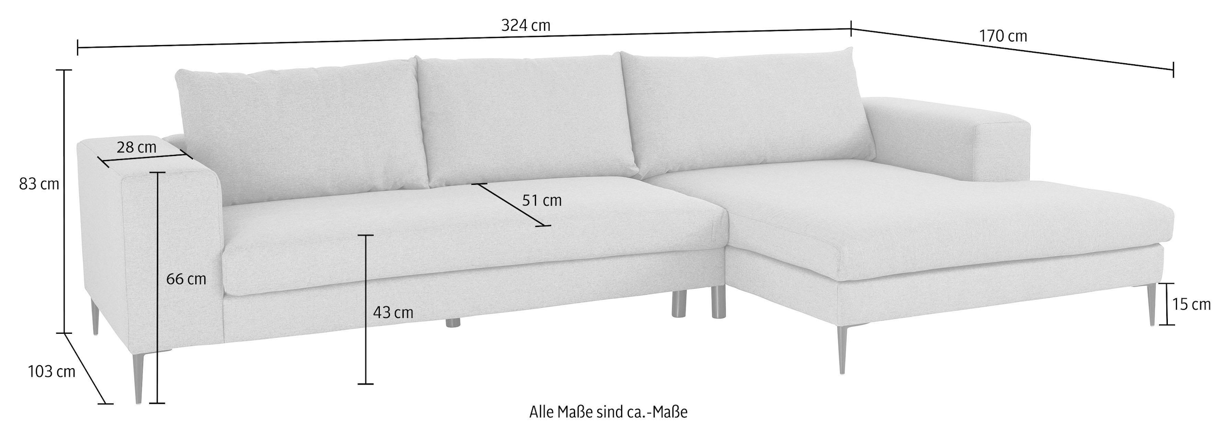 INOSIGN Ecksofa »Aurora, L-Form, mit extra breiter Recamiere, 324 x 170 cm (BxT)«, Designsofa mit tollem Sitzkomfort, extra hohe Metallfüße schwarz
