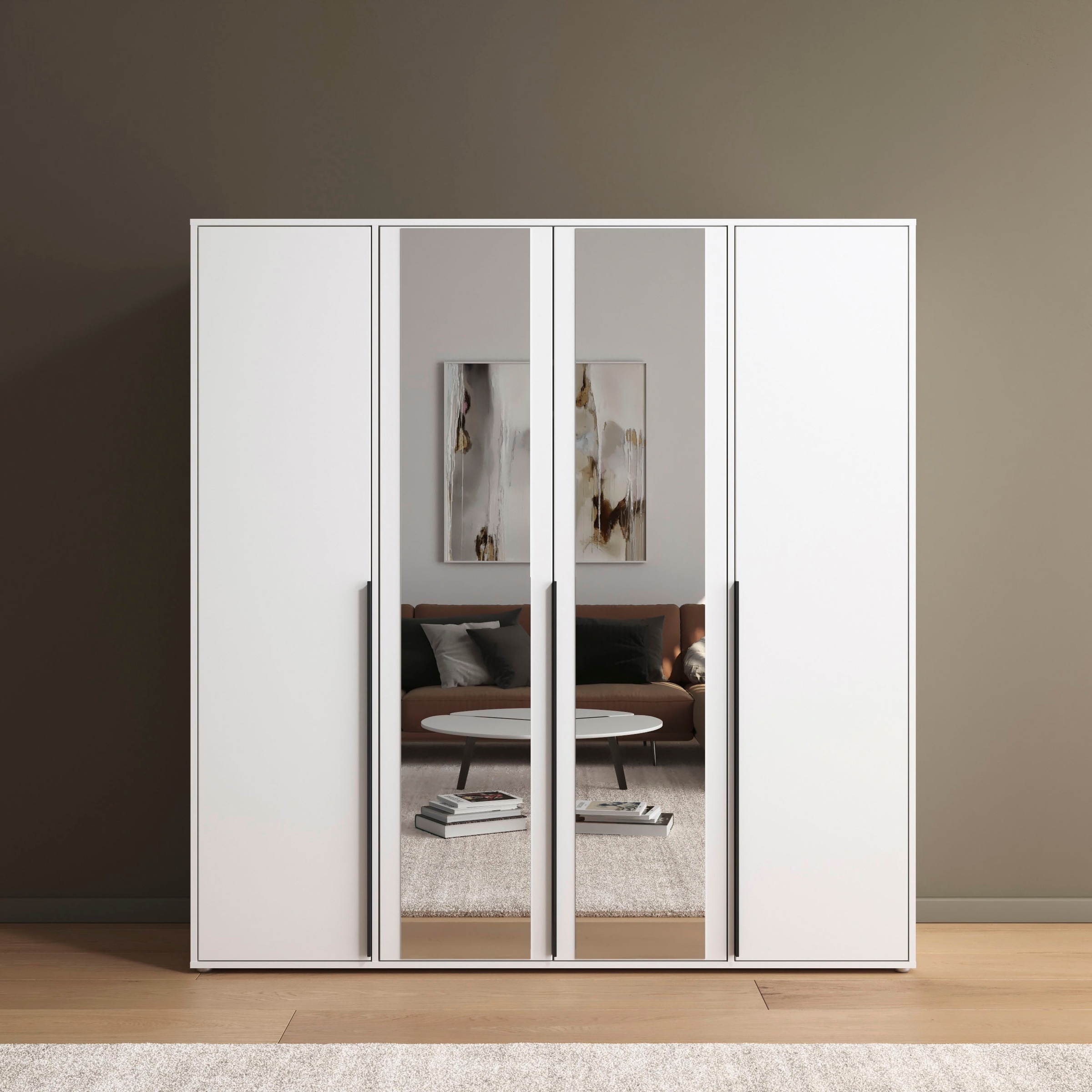 rauch Drehtürenschrank »Kleiderschrank Schrank Garderobe Wäscheschrank NAGATA mit Spiegel«, (in 3 verschiedenen Ausstattungen BASIC/CLASSIC/PREMIUM), und modernen Stangengriffen in Graumetallic TOPSELLER MADE IN GERMANY