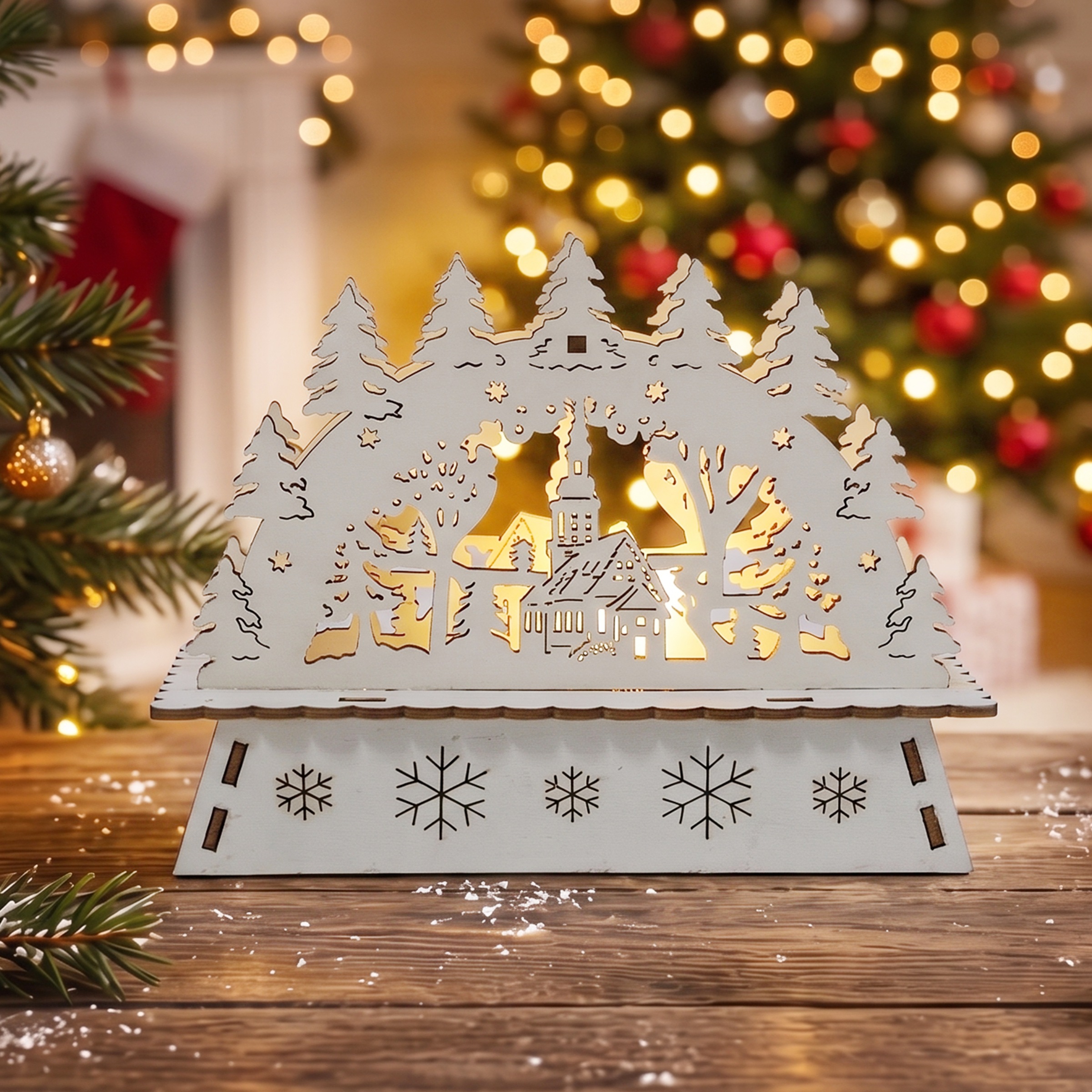 OTTO home LED Schwibbogen »Weihnachtsdeko mit LED-Licht« 1 Dorfkirche mit verschneitem Tannenwald, Batterien, Höhe 11,2 cm