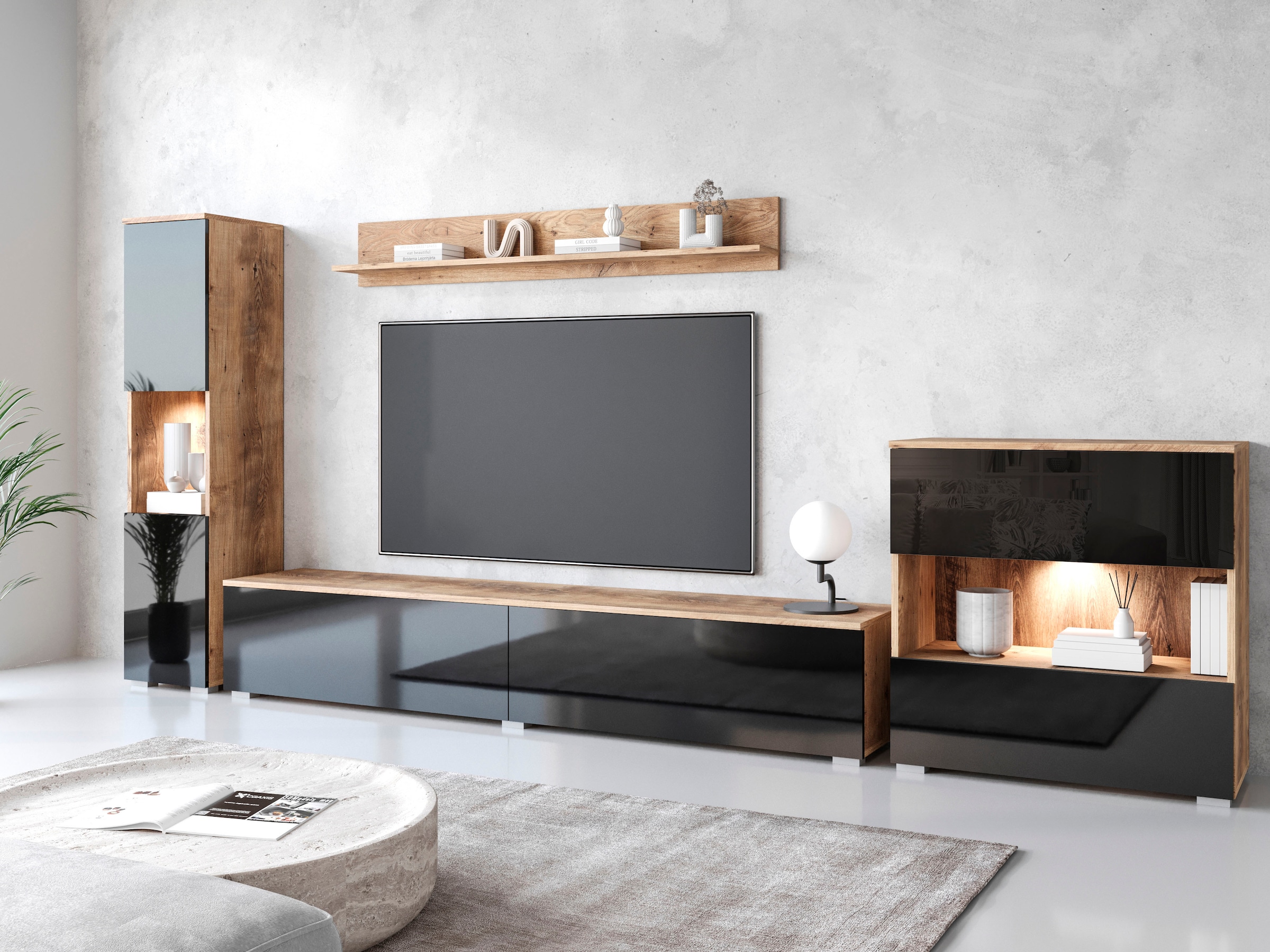 INOSIGN Wohnwand »PARIS«, (Komplett-Set, 4 St.), TV-Wand 300cm breite, grifflose Design, stehend und hängend montierbar