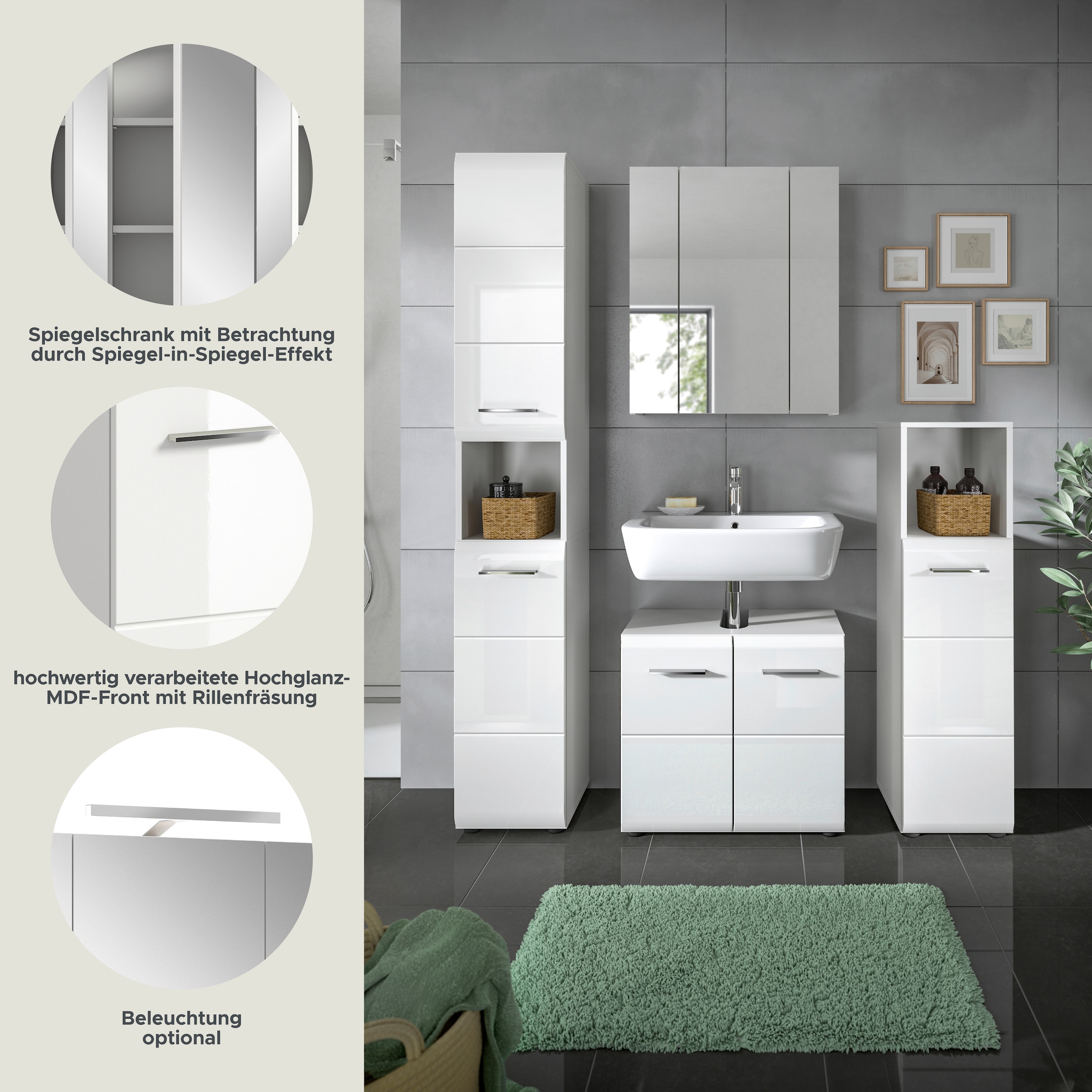INOSIGN Badezimmer-Set, (Set, 4 St.), Florenz, Badkombination 4-tlg., Weiß hochglanz tiefzieh, Hochschrank