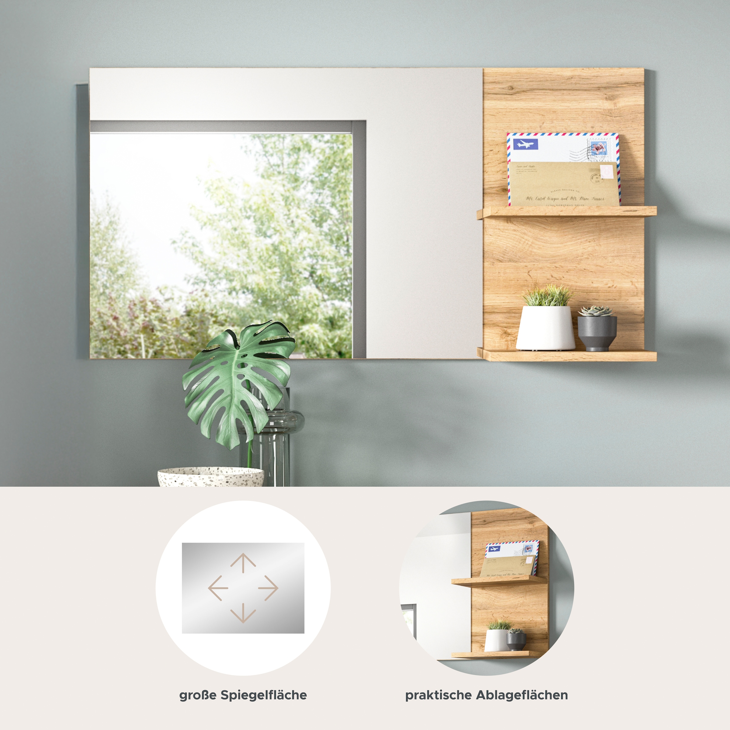 OTTO home Spiegel »MAMBO, TOPSELLER!, Breite 99cm, 2 Ablageböden, große Spiegelfläche« Garderobenspiegel, Flur, Diele, Spiegel mit Ablage, Spiegelpaneel