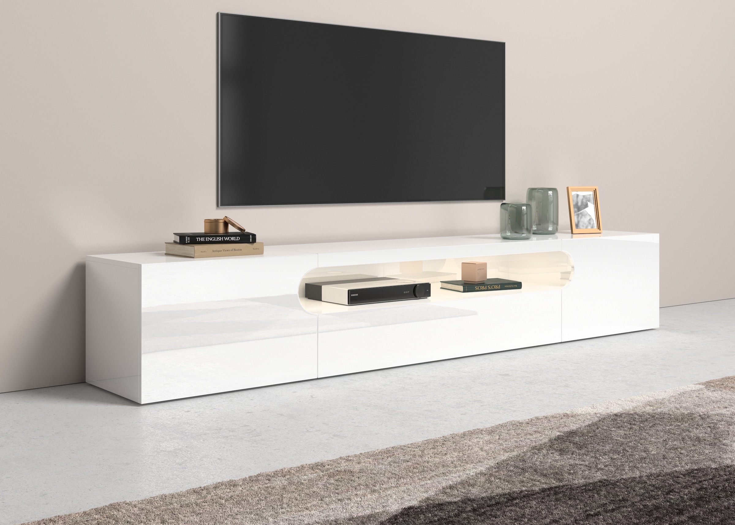 INOSIGN Lowboard »Real, Breite 240 cm,TV-Kommode, TV-Möbel, komplett Hochglanz lackiert«, mit 2 abgerundeten Türen,1 Klappe, die ein ovales offenes Fach bilden