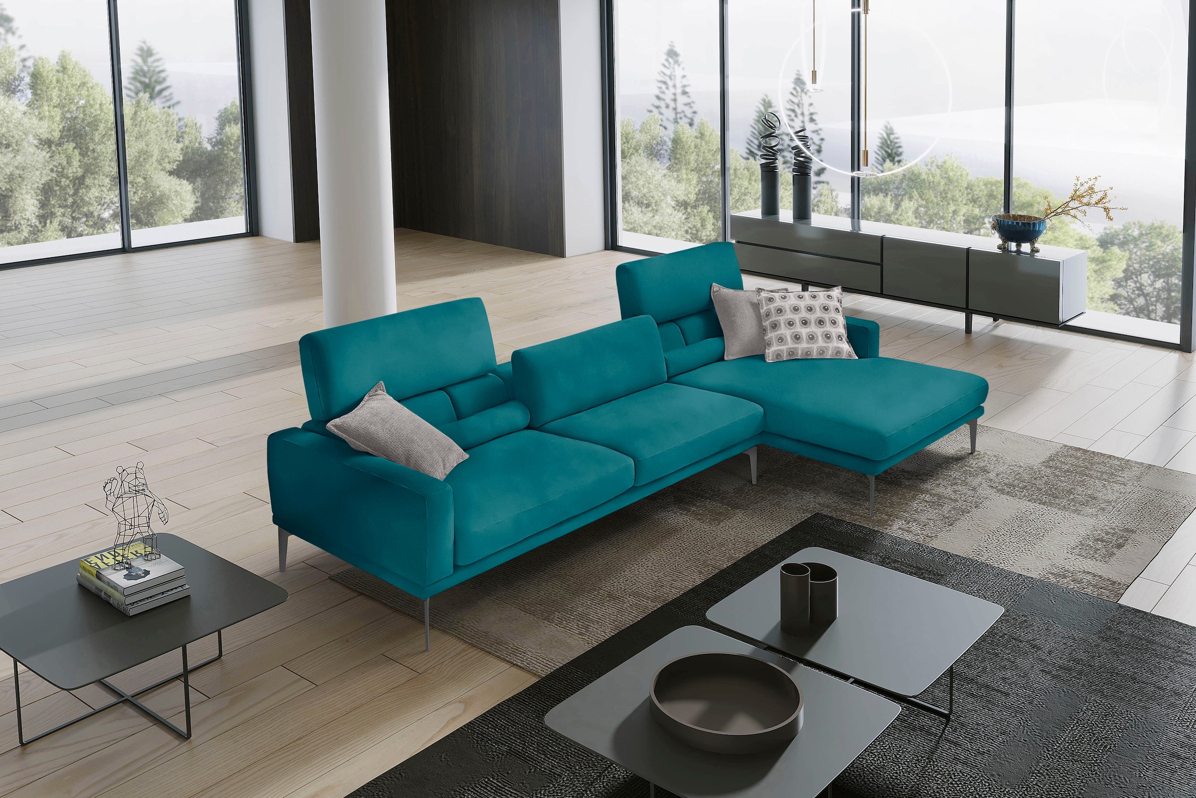 Egoitaliano Ecksofa "Masu, Design trifft sensationellen Sitzkomfort, Breite 277cm, L-Form" inkl. 2 Kissenrollen, Rückenelemente manuell verstellbar, Metallfüße