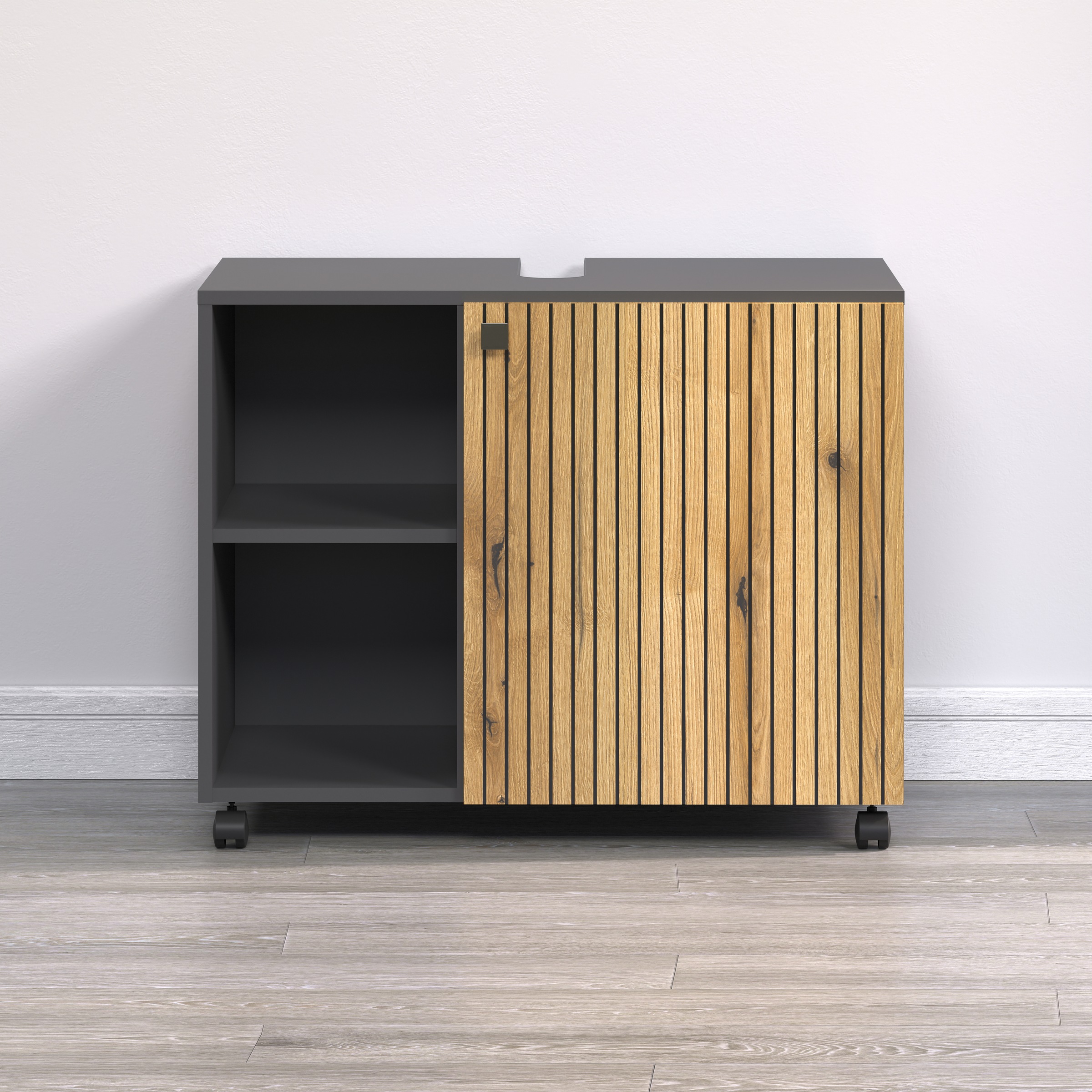 welltime Waschbeckenunterschrank »Amrum«, BxHxT 80 x 64 x 42cm Waschbeckenunterschrank Eiche Rillenoptik