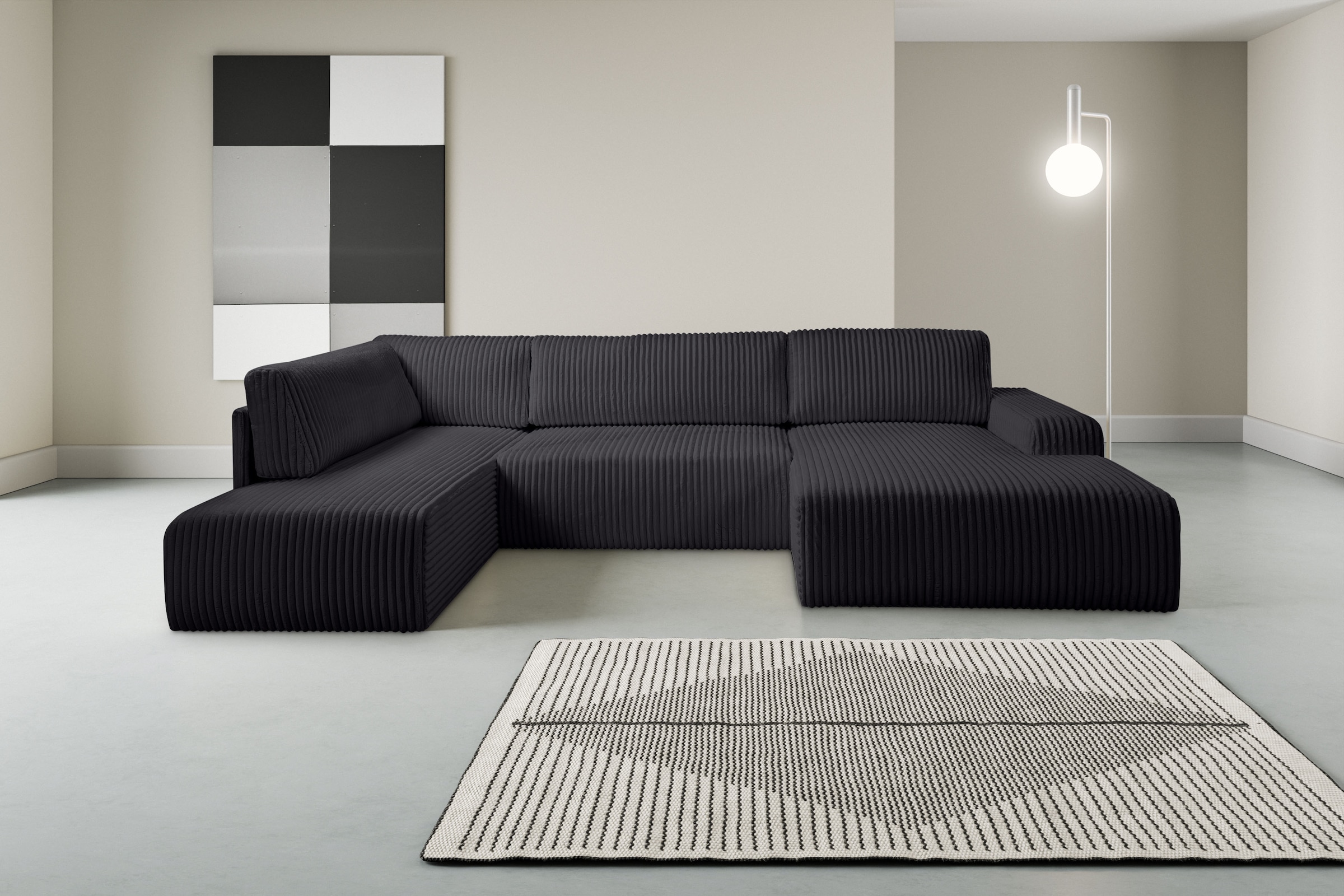 WERK2 Wohnlandschaft "Rotterdam 325 x 190 cm modern und bequem" Breitcord, U-Form, XXL, Schlaffunktion, Bettkasten