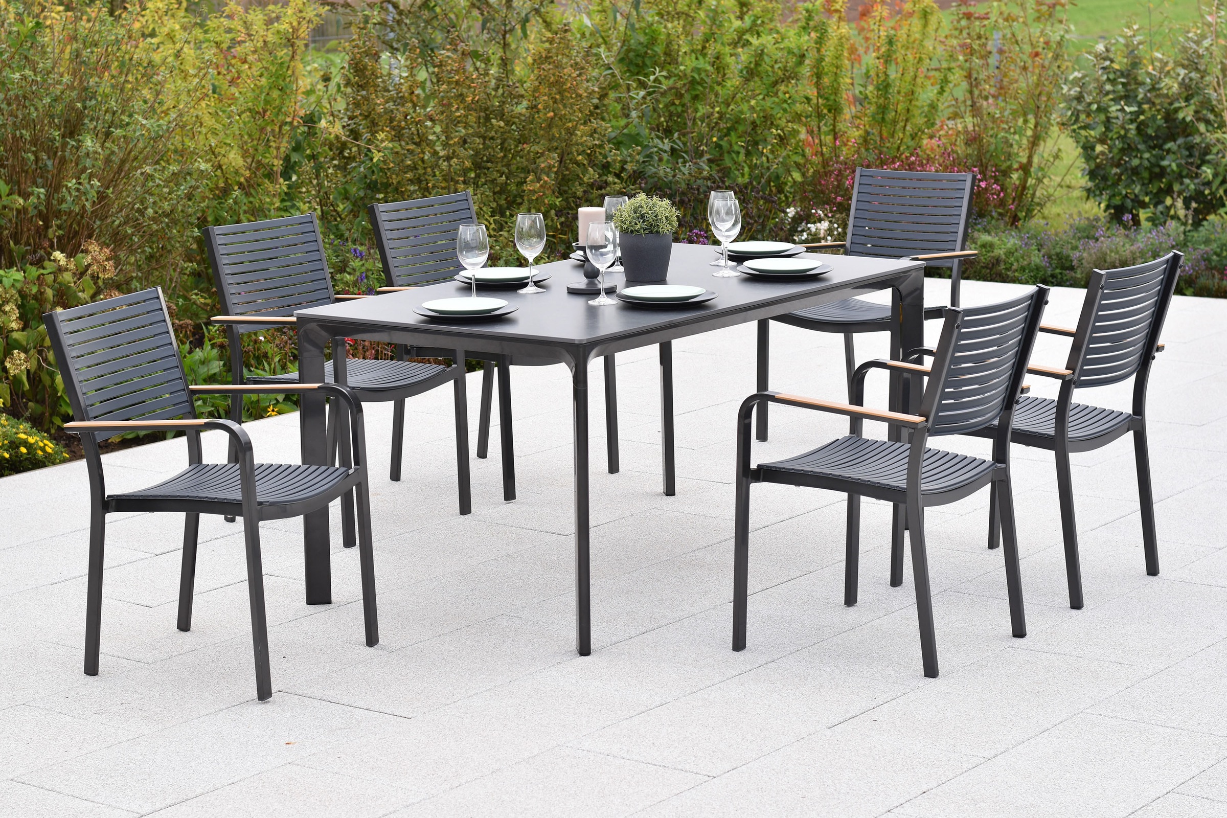 MERXX Garten-Essgruppe »»Paliano««, (Set, 7 tlg.), Applikationen, Armlehnen und Tischplatte aus Kunststoff in Holzoptik