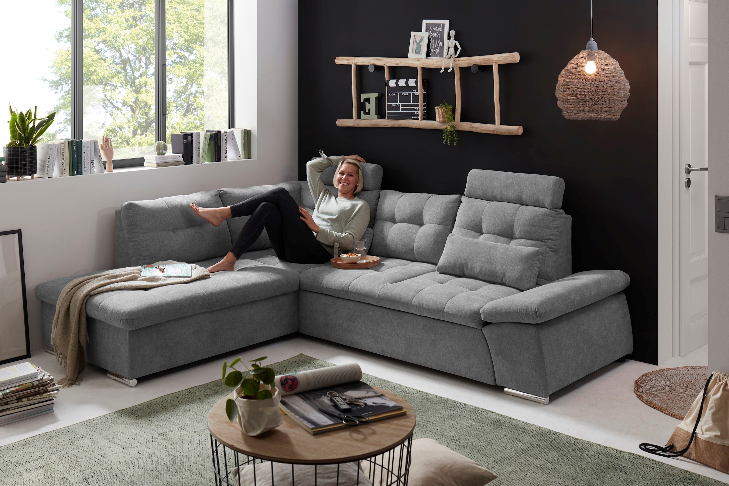ED EXCITING DESIGN Ecksofa »Nalo L-Form«, mit Bettfunktion, Armteilverstellung, Kopfstützen & 2 Nierenkissen
