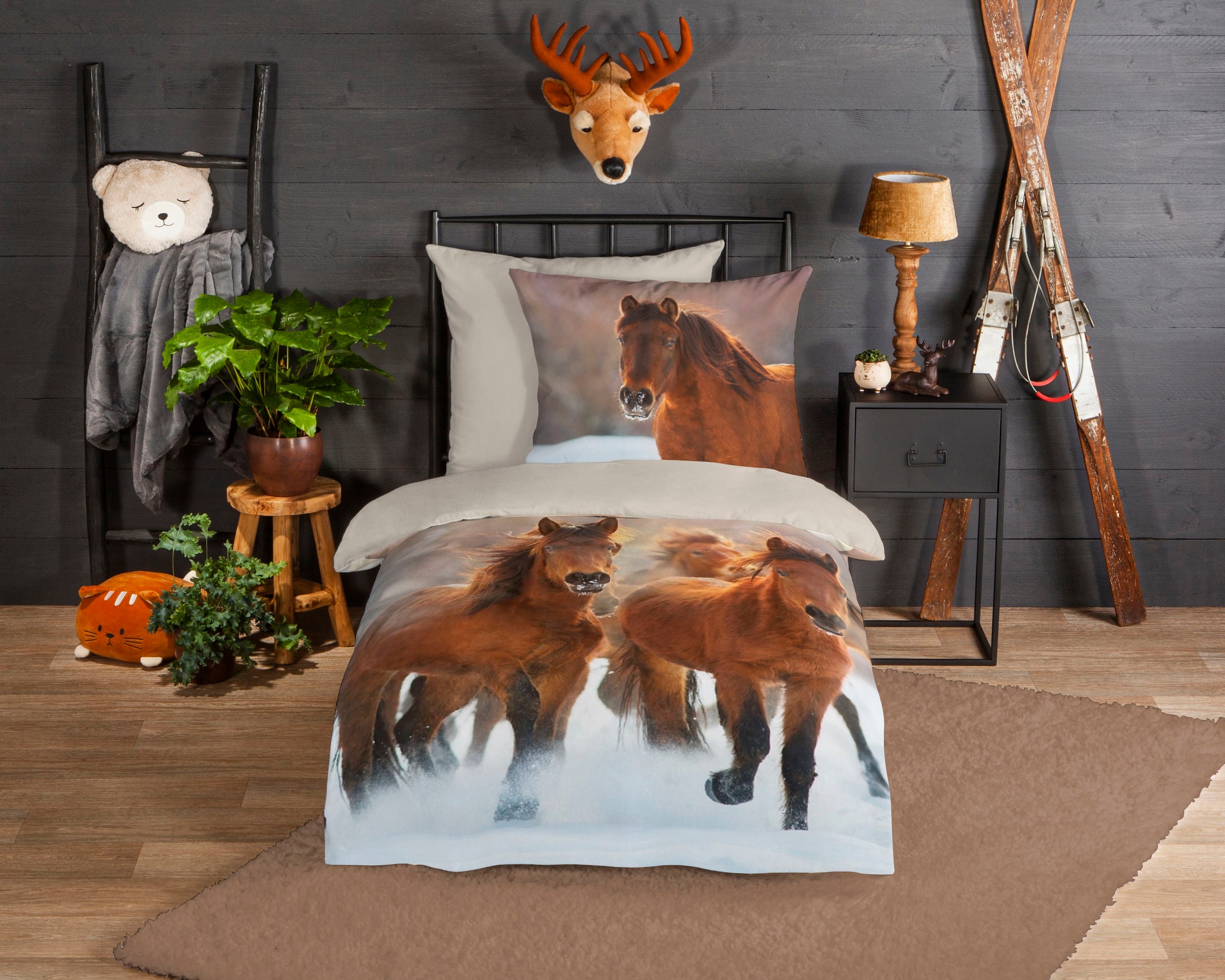good morning Kinderbettwäsche "Ponies" 2 Stk. tlg. Biber, 135x200, Winter, günstig online kaufen