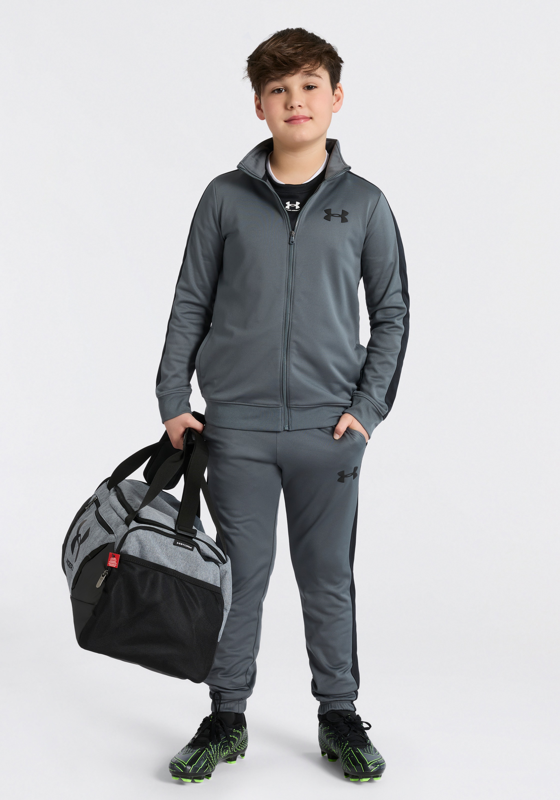 Trainingsanzug UNDER ARMOUR "UA RIVAL KNIT TRACK SUIT", Jungen, Gr. XL, pitch gray, schwarz, schwarz, Obermaterial: 100% Polyester, Sportanzüge Trainingsanzug, Für Kinder - Material innen weich angeraut 3
