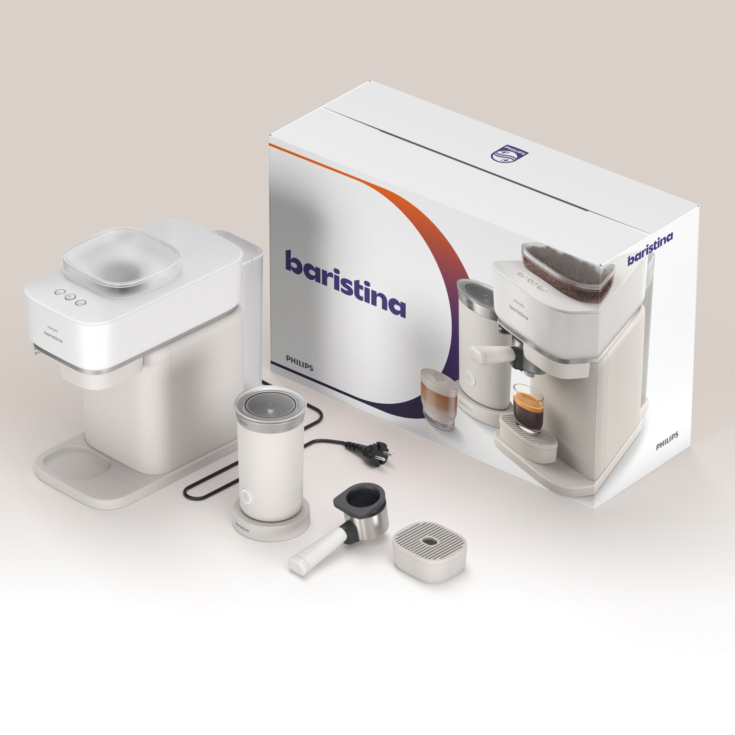 PHILIPS baristina Espressomaschine »BAR303/00 mit Mahlwerk für ganze Bohnen, Milchaufschäumer inkl.« 16 bar Pumpendruck, Naturweiß