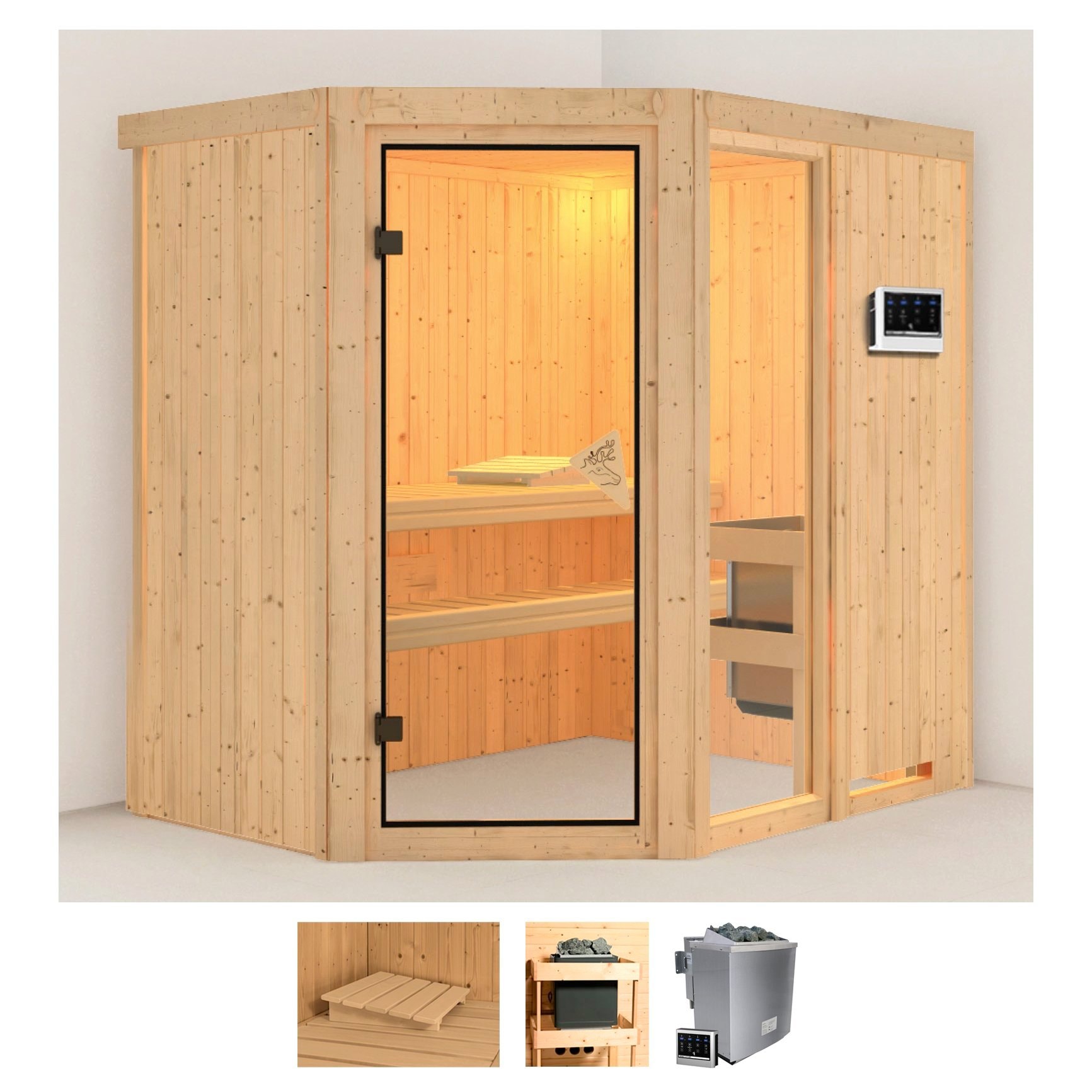 KARIBU Sauna "Frigga 1", Bio-Kombiofen, externe Steuerung, 9 kW, beige, Saunen, Ofen 9 kW Bio externe Strg easy