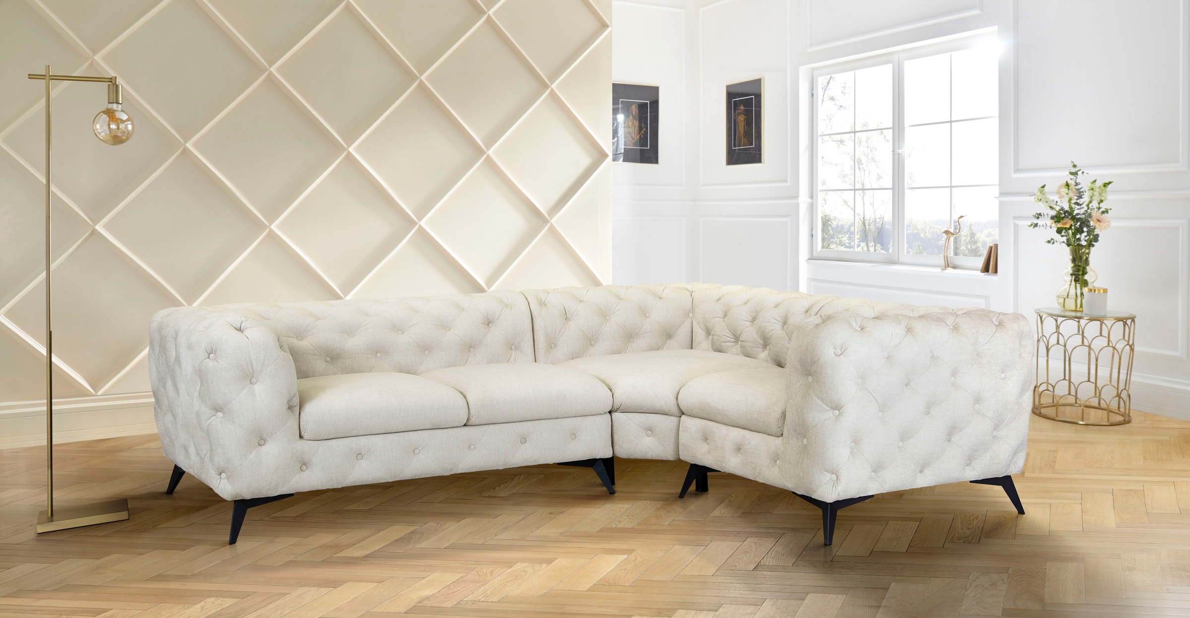 Leonique Chesterfield-Sofa »Ecksofa GLYNIS L-Form mit Wellenunterfederung, Maße B/T/H 264/204/75cm«, aufwändige Knopfheftung, moderne Chesterfield Optik, Fußfarbe wählbar