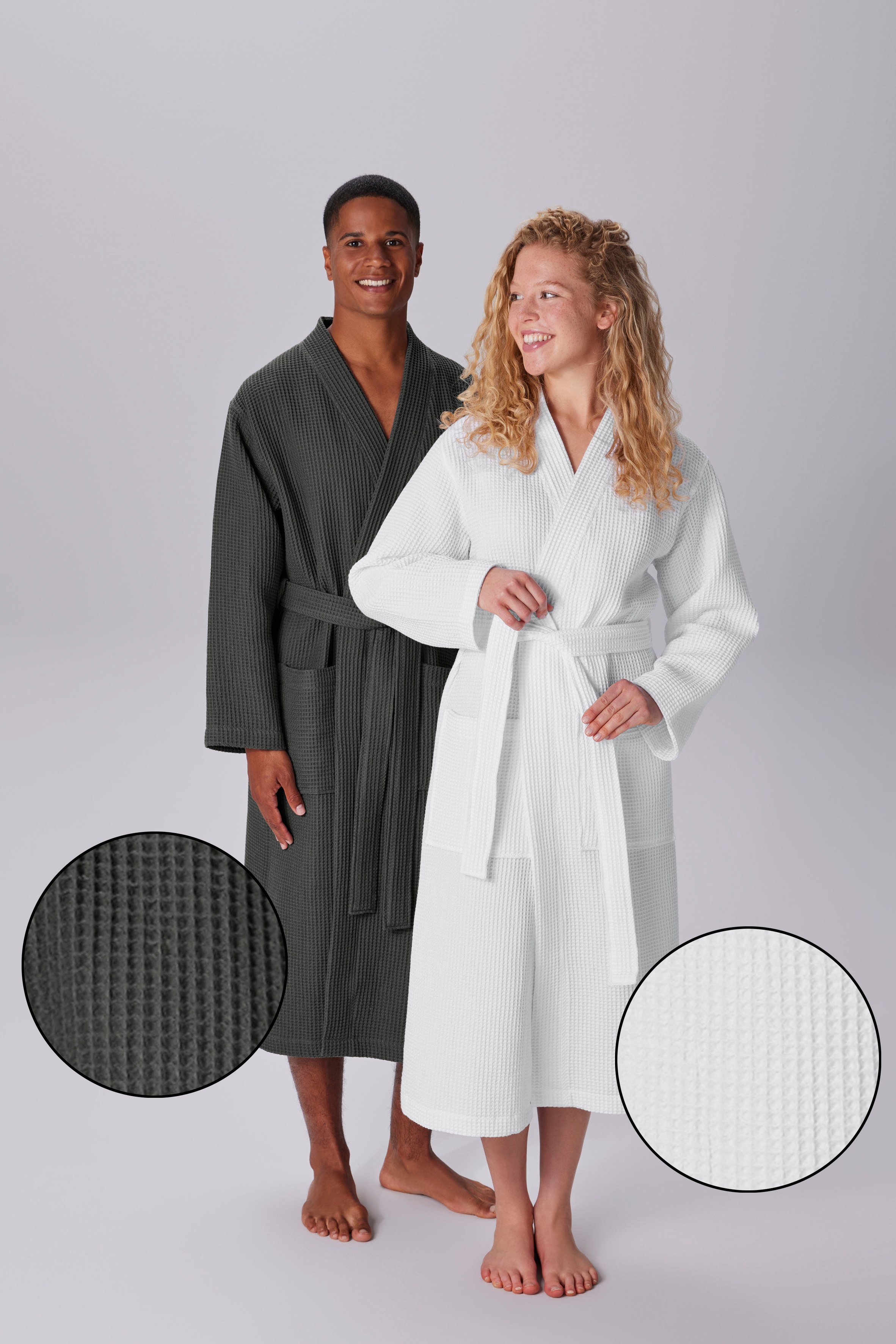 Unisex-Bademantel MY HOME, L:125cm, weiß, Baumwolle, Hausmäntel, "Inga, Waffelpiqué, leicht, ideal für Sauna & Spa, Hotelbademantel", kleines