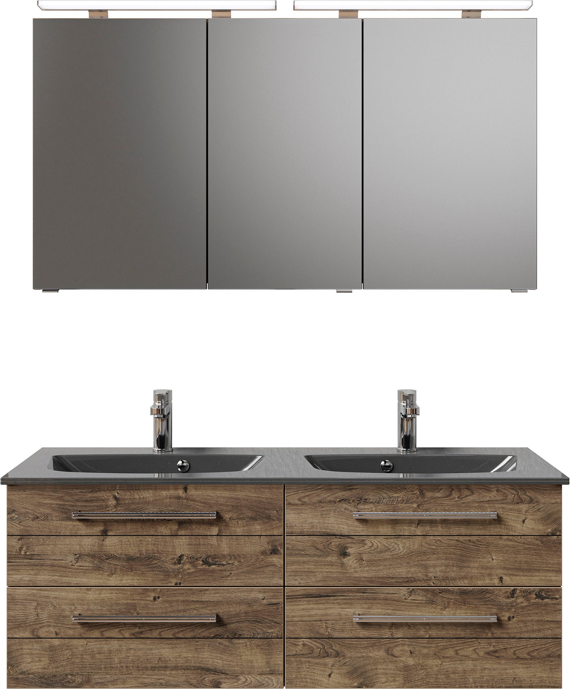 Saphir Badmöbel-Set »Serie 6025 2-teilig Mineralmarmor-Waschtisch mit LED-Spiegelschrank«, (2 St.), Waschplatz 132cm breit, 4 Schubladen, 2 Spiegel-Türen, inkl Türdämpfer