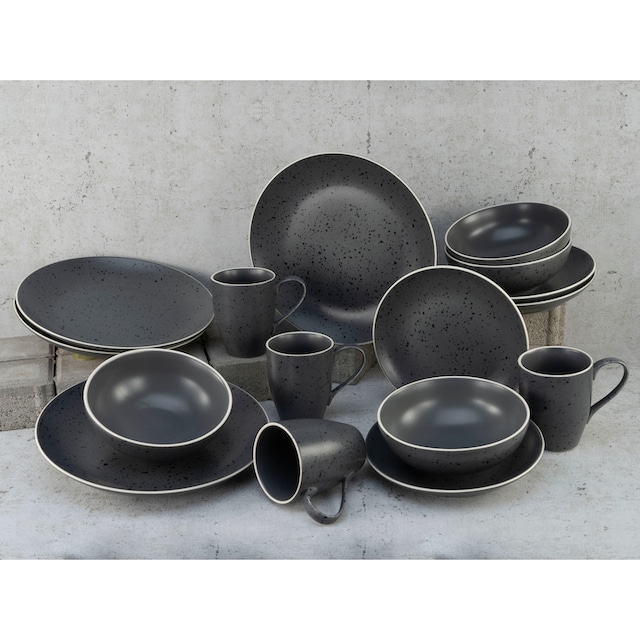 CreaTable Kombiservice »Geschirr-Set Industrial Chic«, (Set, 16 tlg.,  Kaffeeservice und Tafelservice im Set, für 4 Personen), Service, seidenmatte  Sprenkelglasur, 16 Teile, für 4 Personen | BAUR