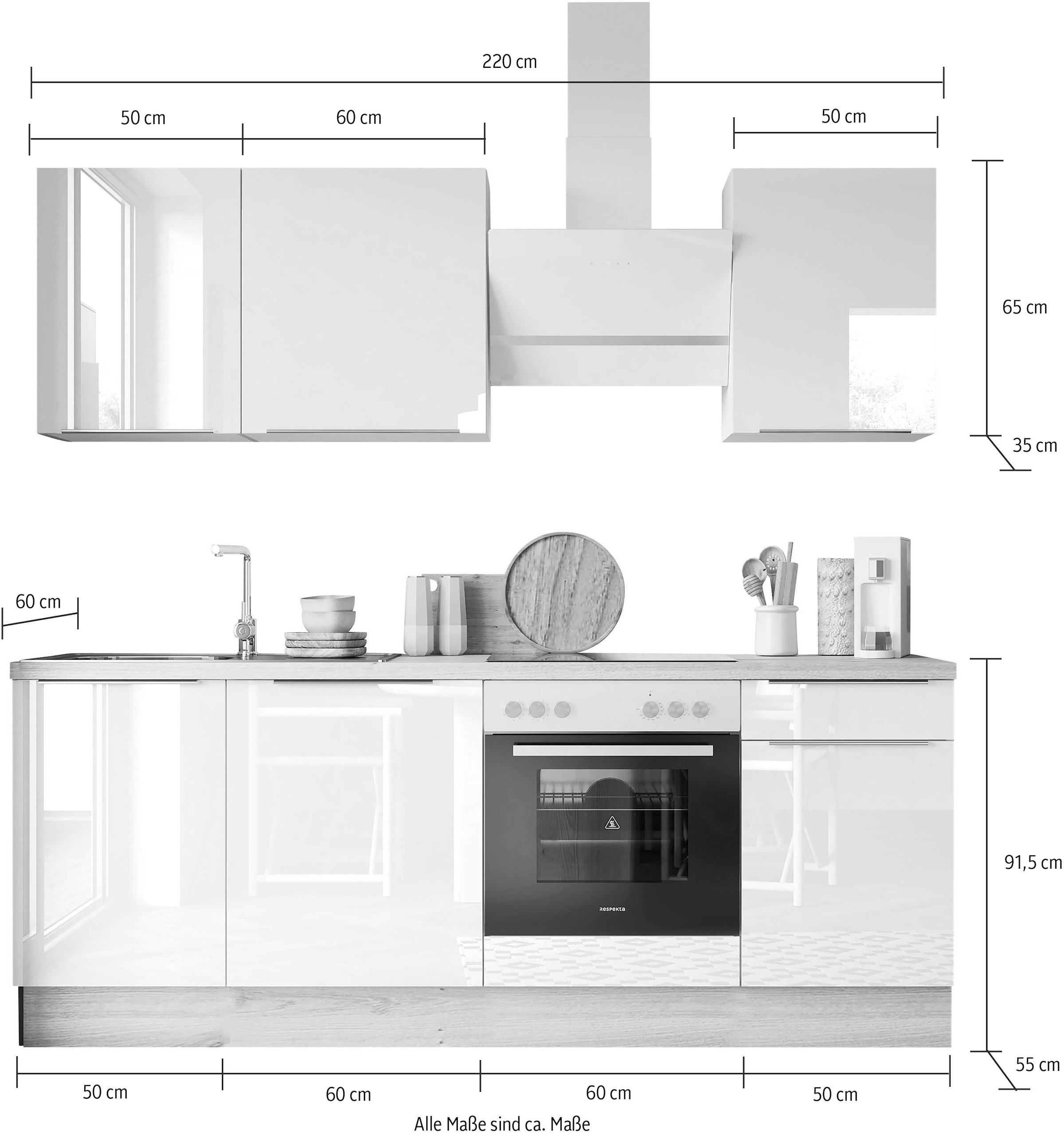 RESPEKTA Küchenzeile »Safado Soft wie BAUR hochwertige Funktion Ausstattung Breite Close Serie Marleen«, der 220 cm, aus 