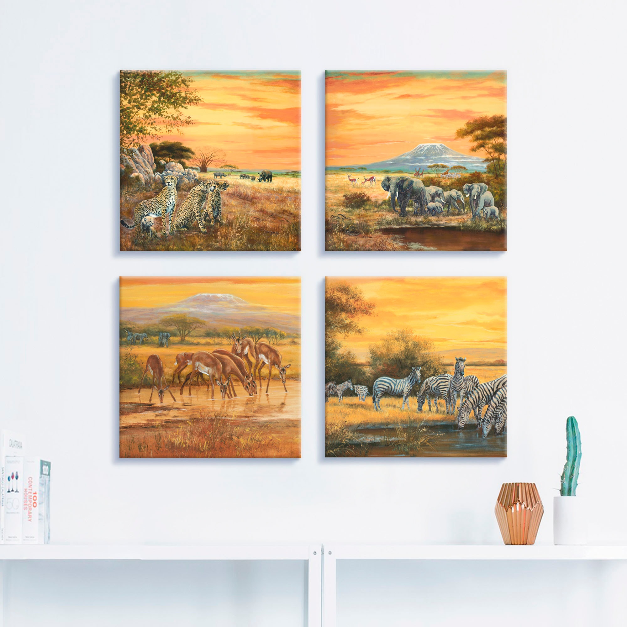 Artland Leinwandbild »Geparden Elefanten Zebras in der Steppe«, Wildtiere, (4 St.), 4er Set, verschiedene Größen