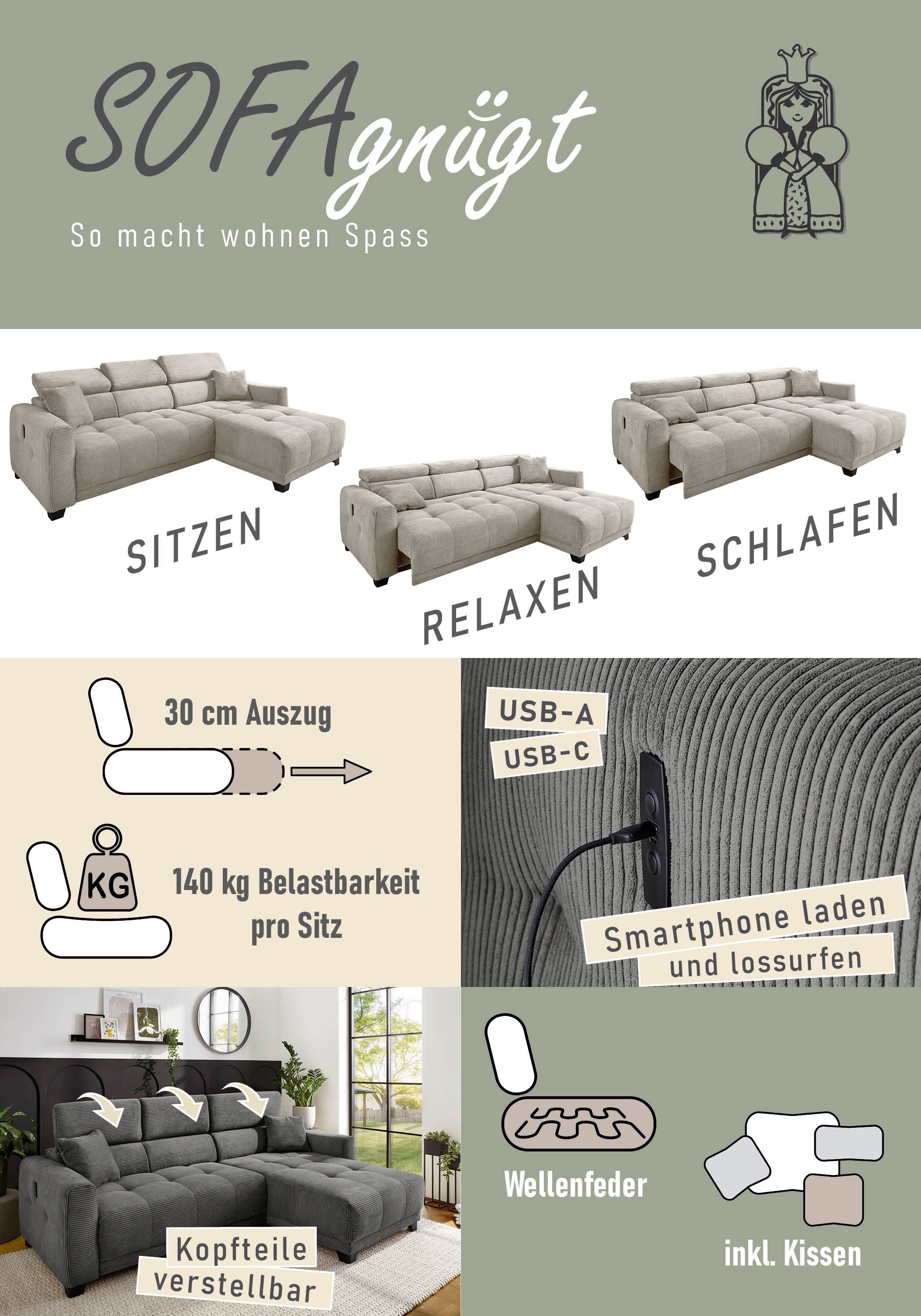 Jockenhöfer Gruppe Ecksofa »Cremona L-Form, B: 263 cm, mit 30 cm elektr. Sitztiefenverstellung« 140kg Belastbarkeit je Sitz, Kopfteilverstellung & USB-Anschluss