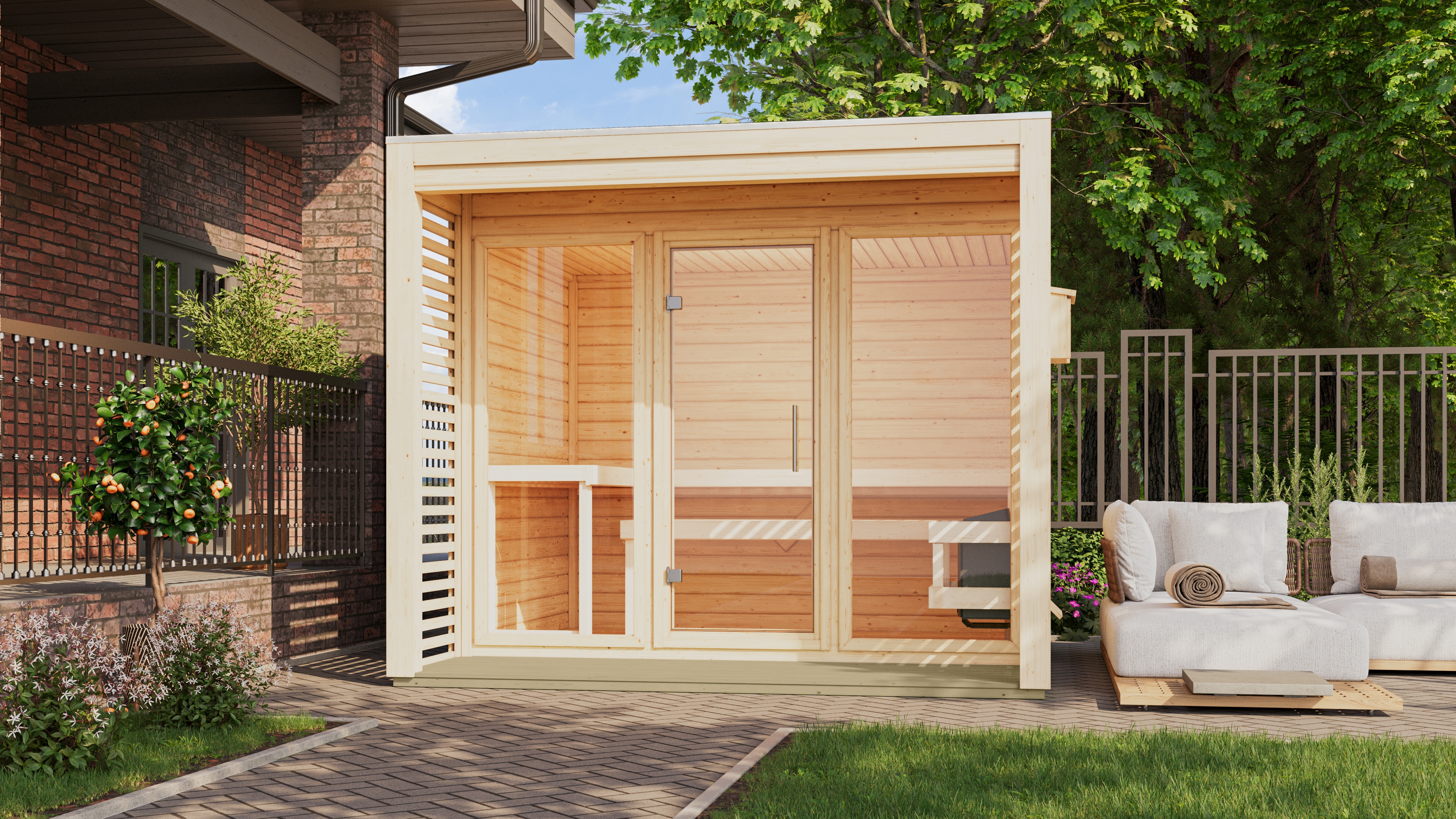 KARIBU Saunahaus "»Armin 3« naturbelassen", Saunaofen, externe Steuerung, (ohne Ofen), beige, Garten, Saunen, in verschiedenen Ausführungen