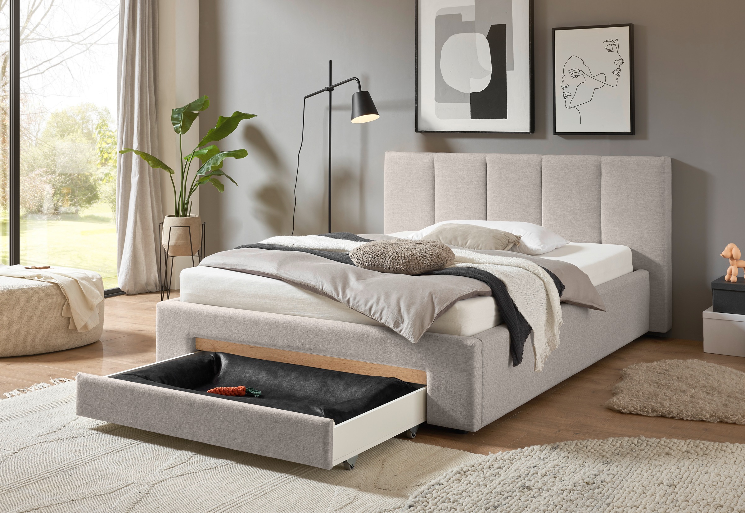 INOSIGN Polsterbett »CiTY/GiRON, Bettgestell mit Bettkasten, gepolstertes Stauraumbett«, mit Hundebett oder Stauraumschublade, Bezug Cord-oder Leinenoptik